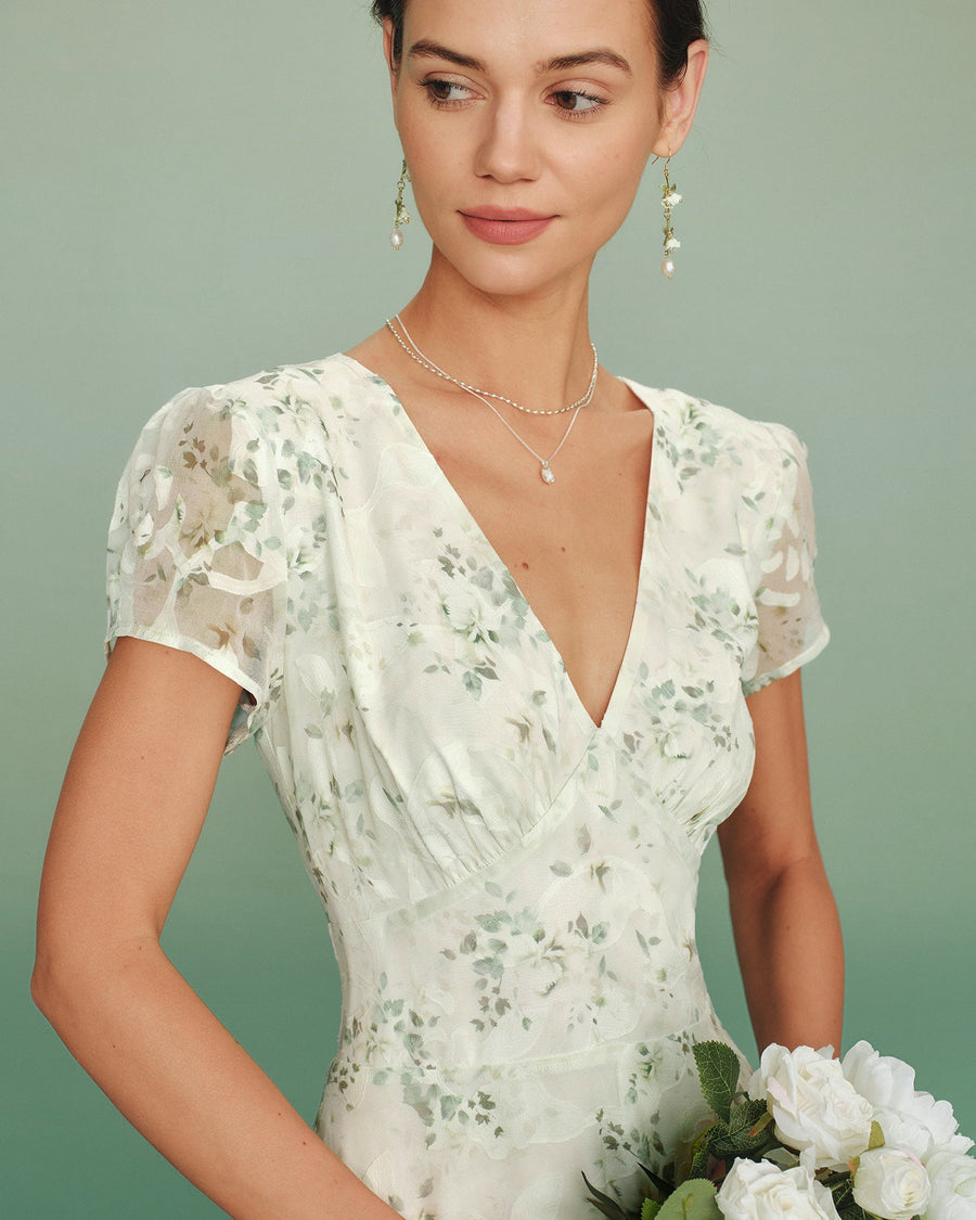 Green Puffed Sleeve Floral Tunic Midi Dress