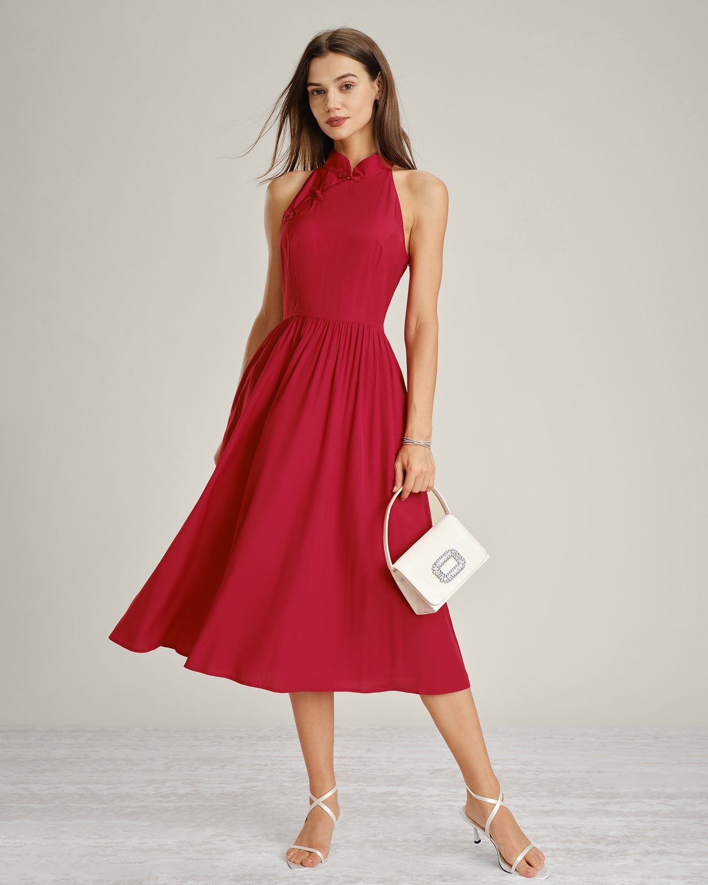 Red Mandarin Collar Pockets Midi Dress