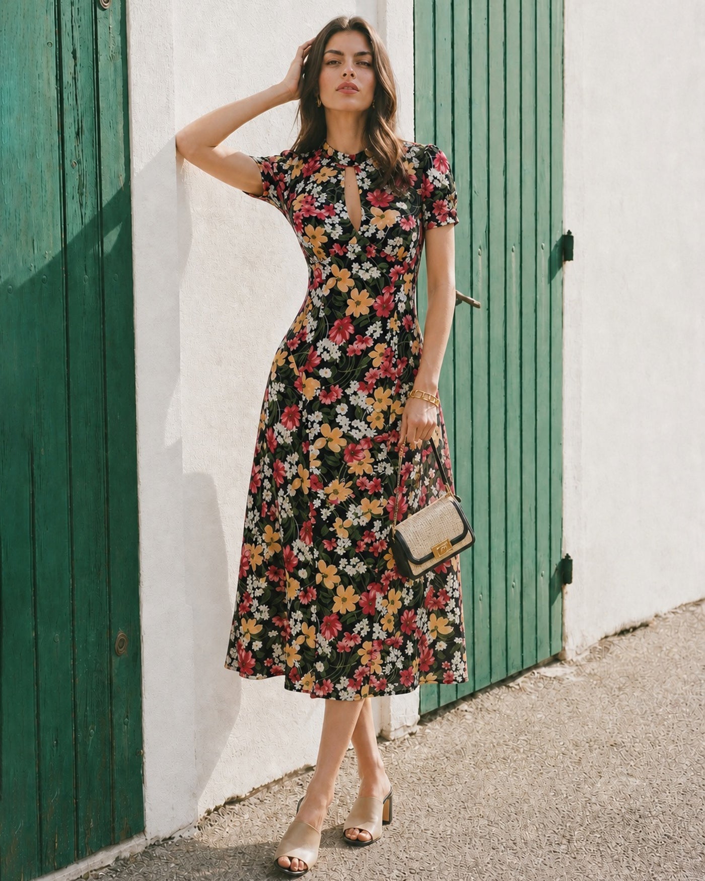 Black Turtle Puffed Sleeve Floral Midi Dress