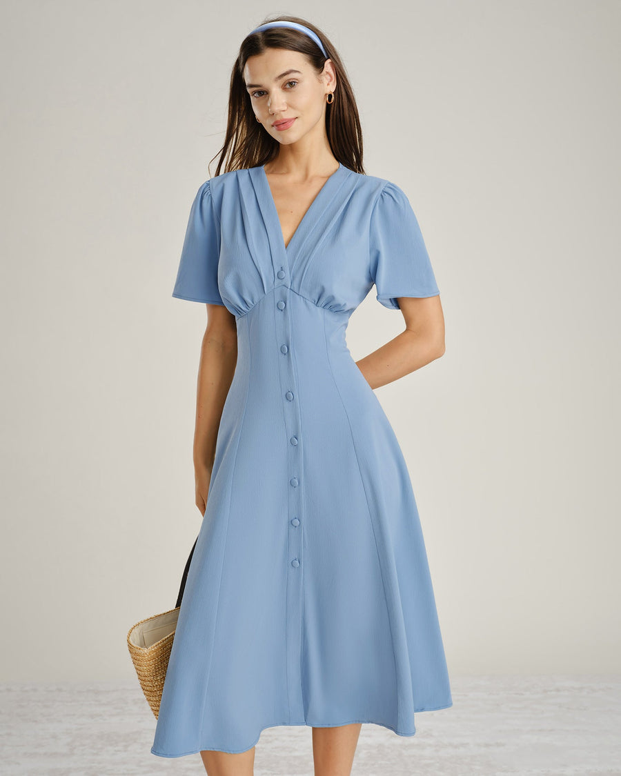 Blue V Neck Ruched Button Midi Dress