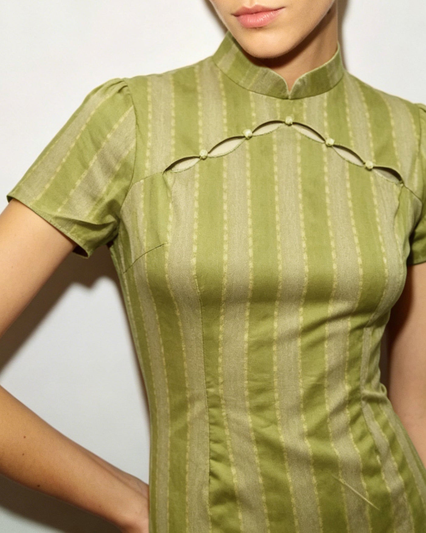 Green Mandarin Collar Tunic Midi Dress