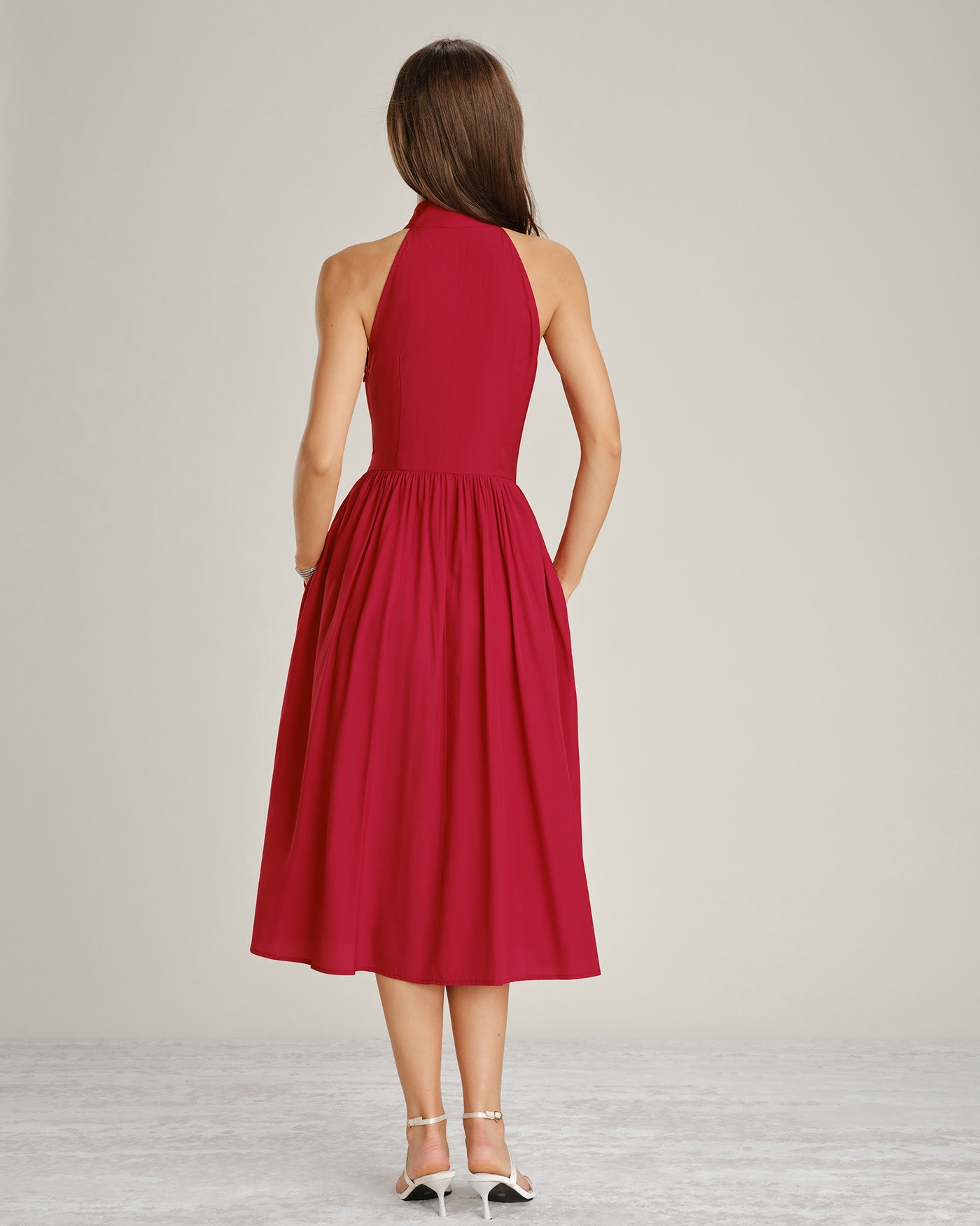 Red Mandarin Collar Pockets Midi Dress