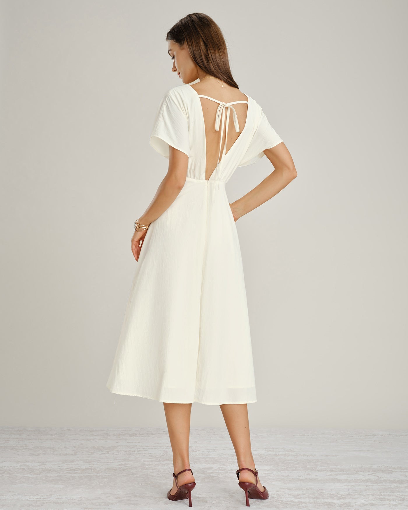 Apricot V Neck Cowl Sleeve Midi Dress