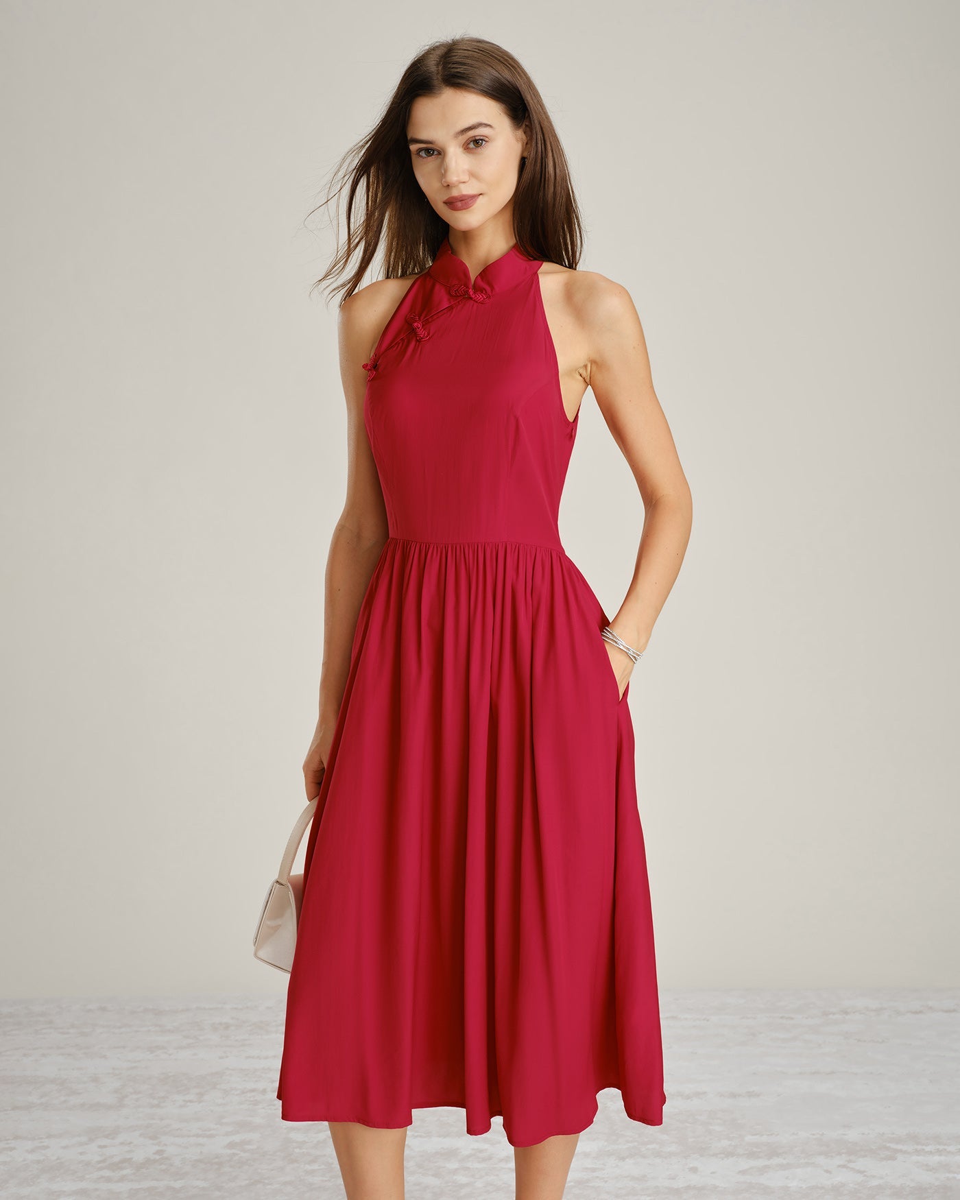 Red Mandarin Collar Pockets Midi Dress