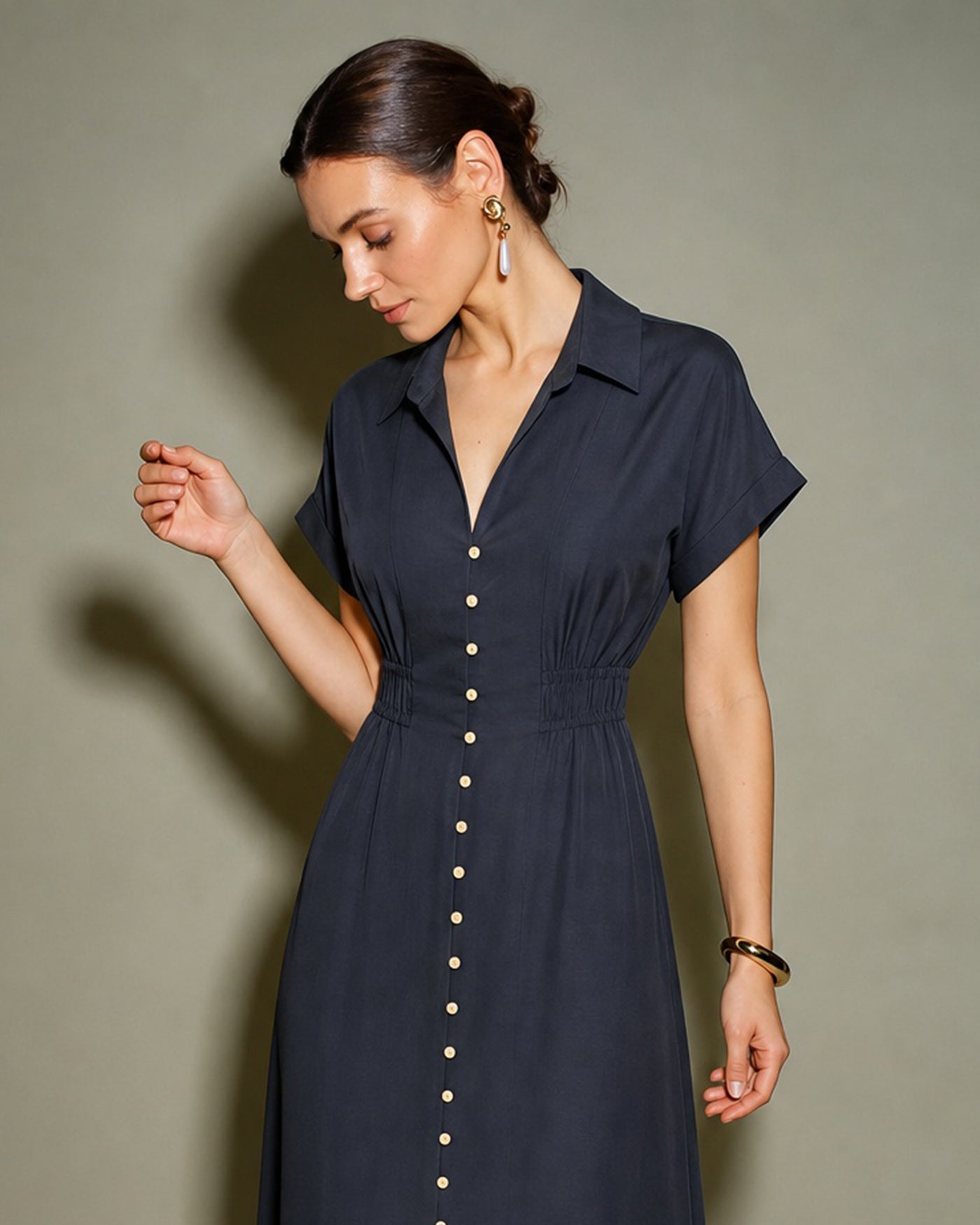 Black V Neck Drop Shoulder Midi Dress