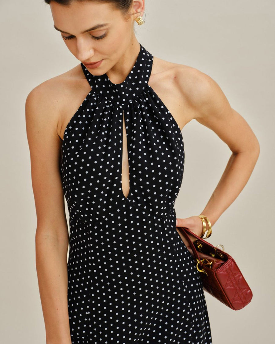 Black Polka Dot Halter Midi Dress