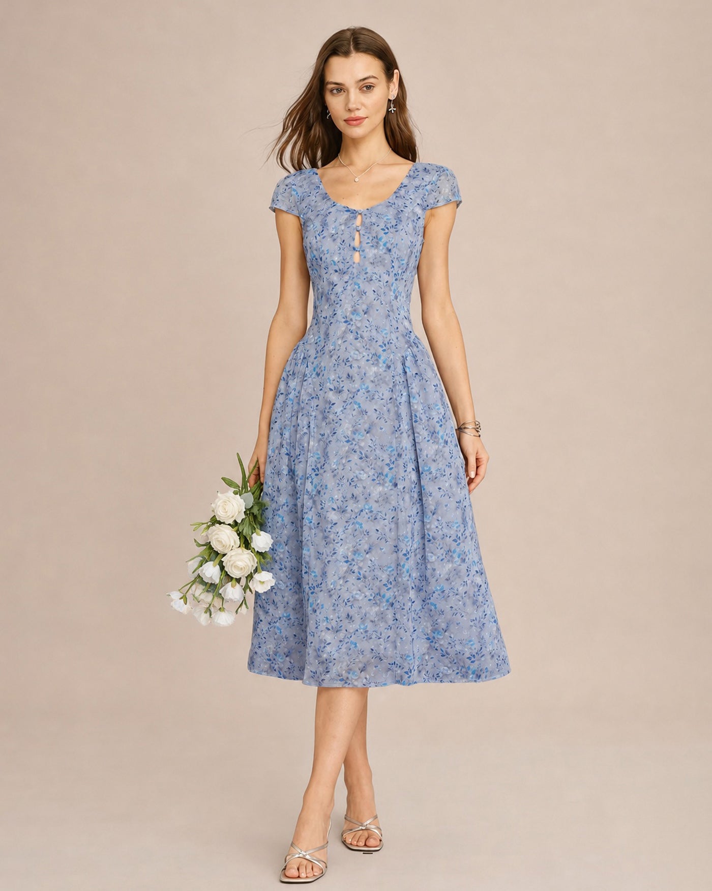 Blue U Neck Button Floral Midi Dress