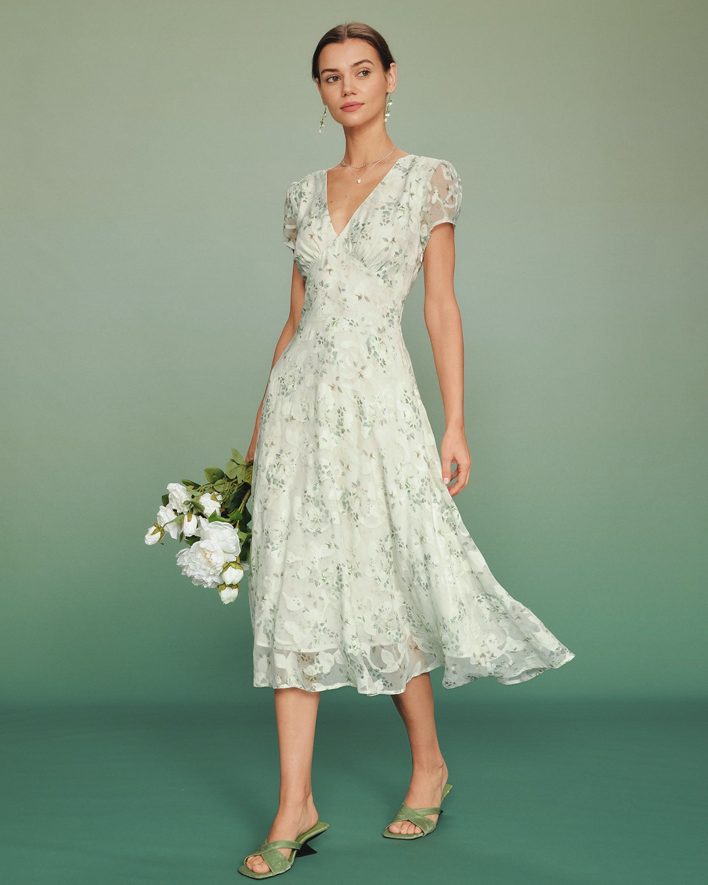 Green Puffed Sleeve Floral Tunic Midi Dress