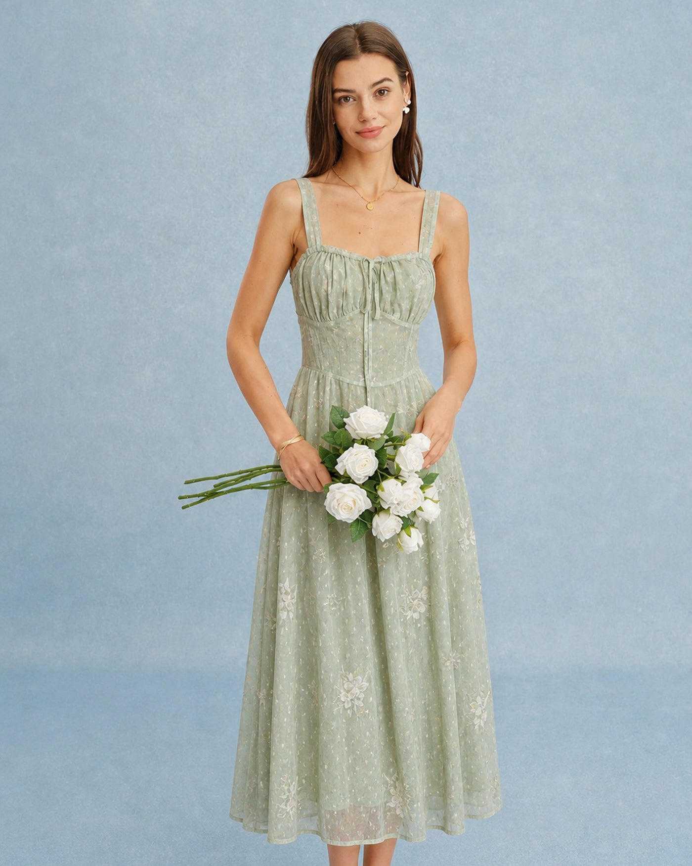 Green Jacquard Slip A-Line Midi Dress