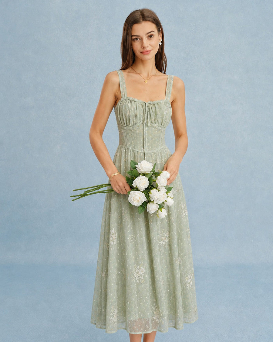 Green Jacquard Slip A-Line Midi Dress