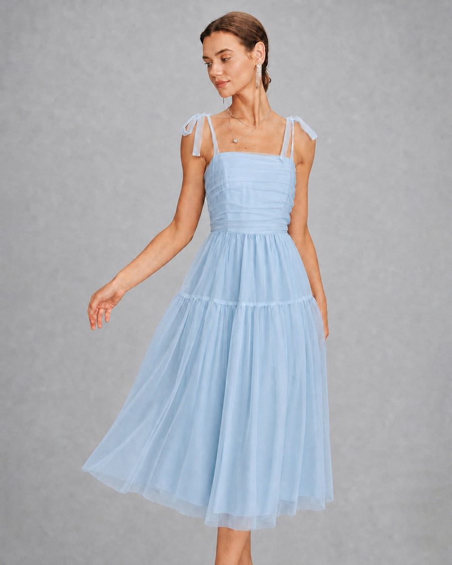 Blue Square Neck Mesh Slip Midi Dress