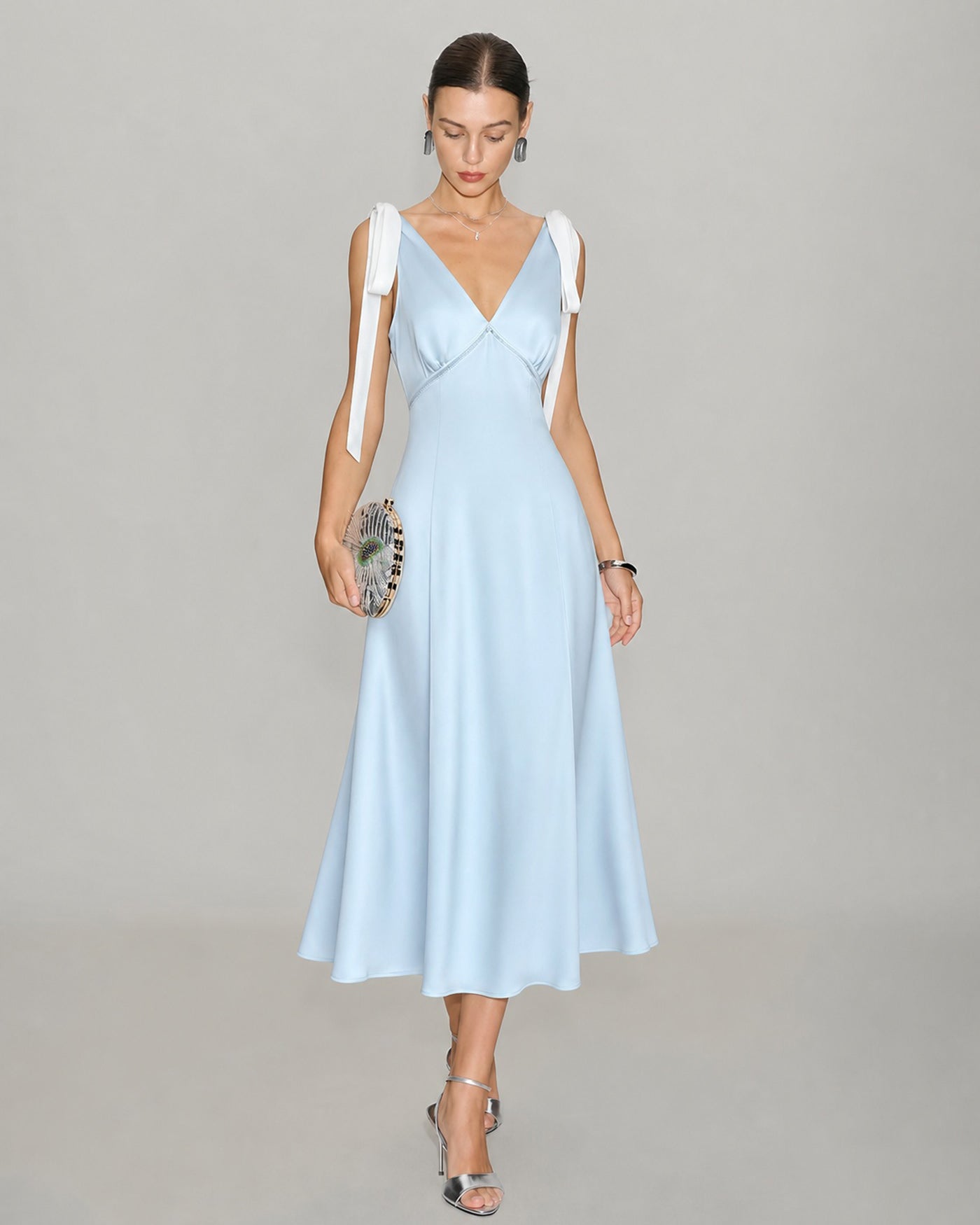 Blue V Neck Cut Out Satin Midi Dress