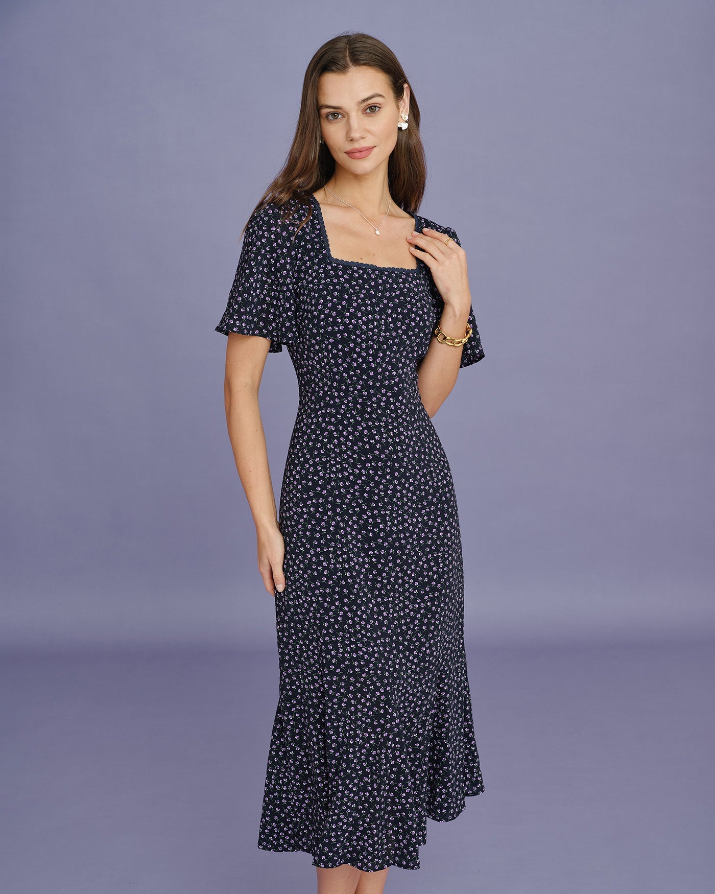 Purple Floral Butterfly Sleeve Midi Dress