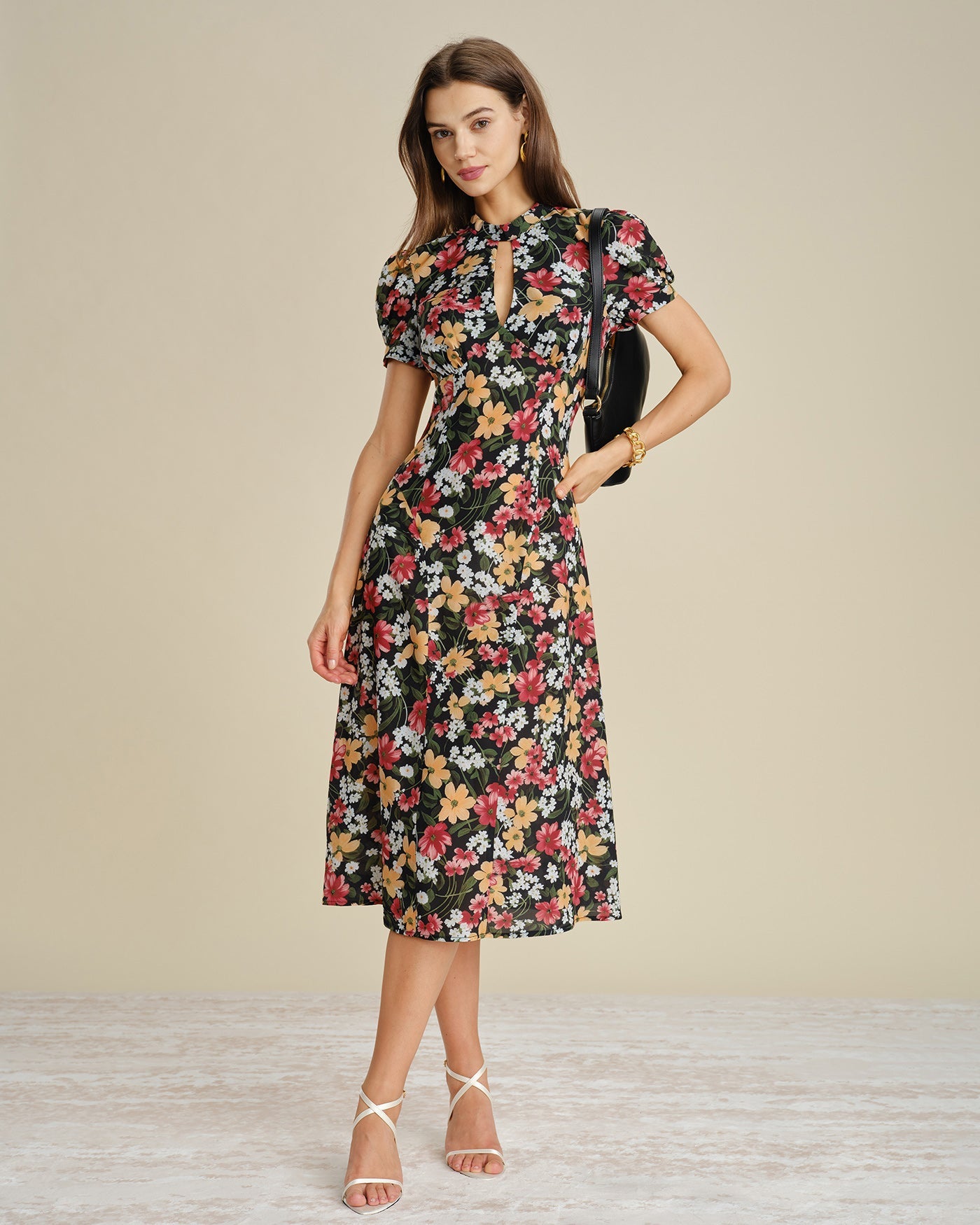 Black Turtle Puffed Sleeve Floral Midi Dress