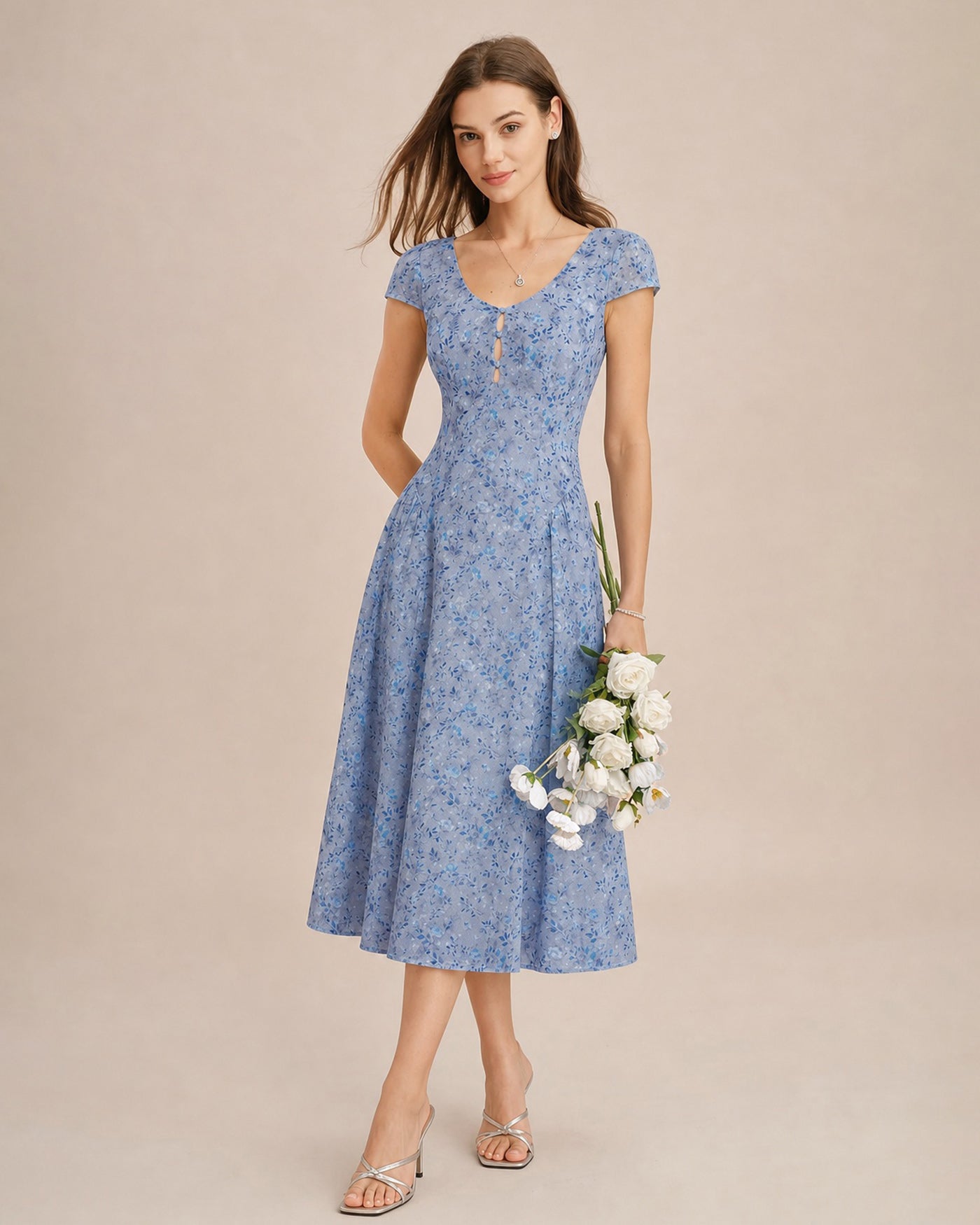 Blue U Neck Button Floral Midi Dress