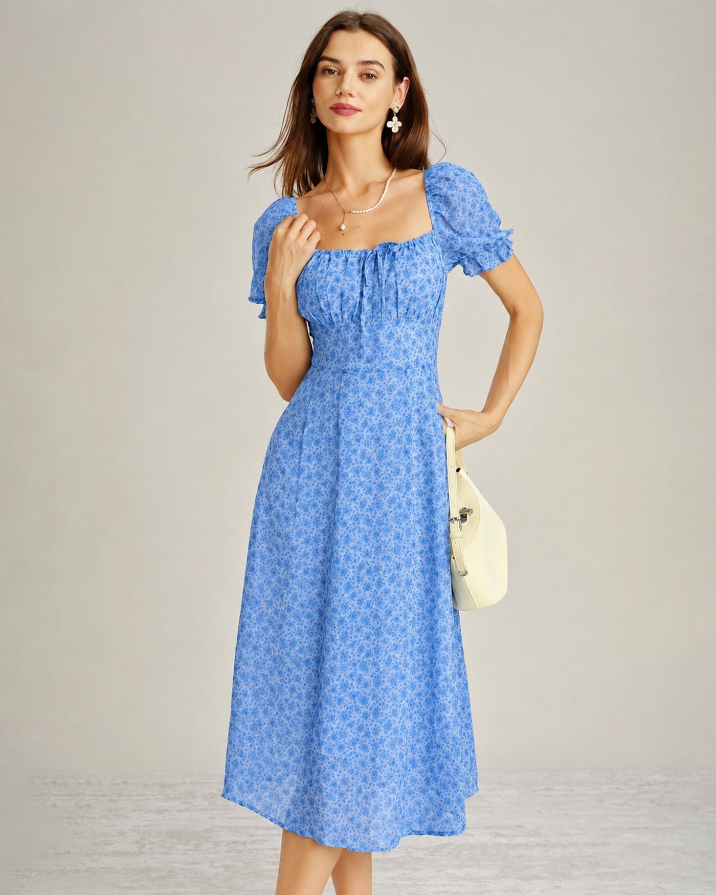 Blue Square Neck Floral Chiffon Midi Dress