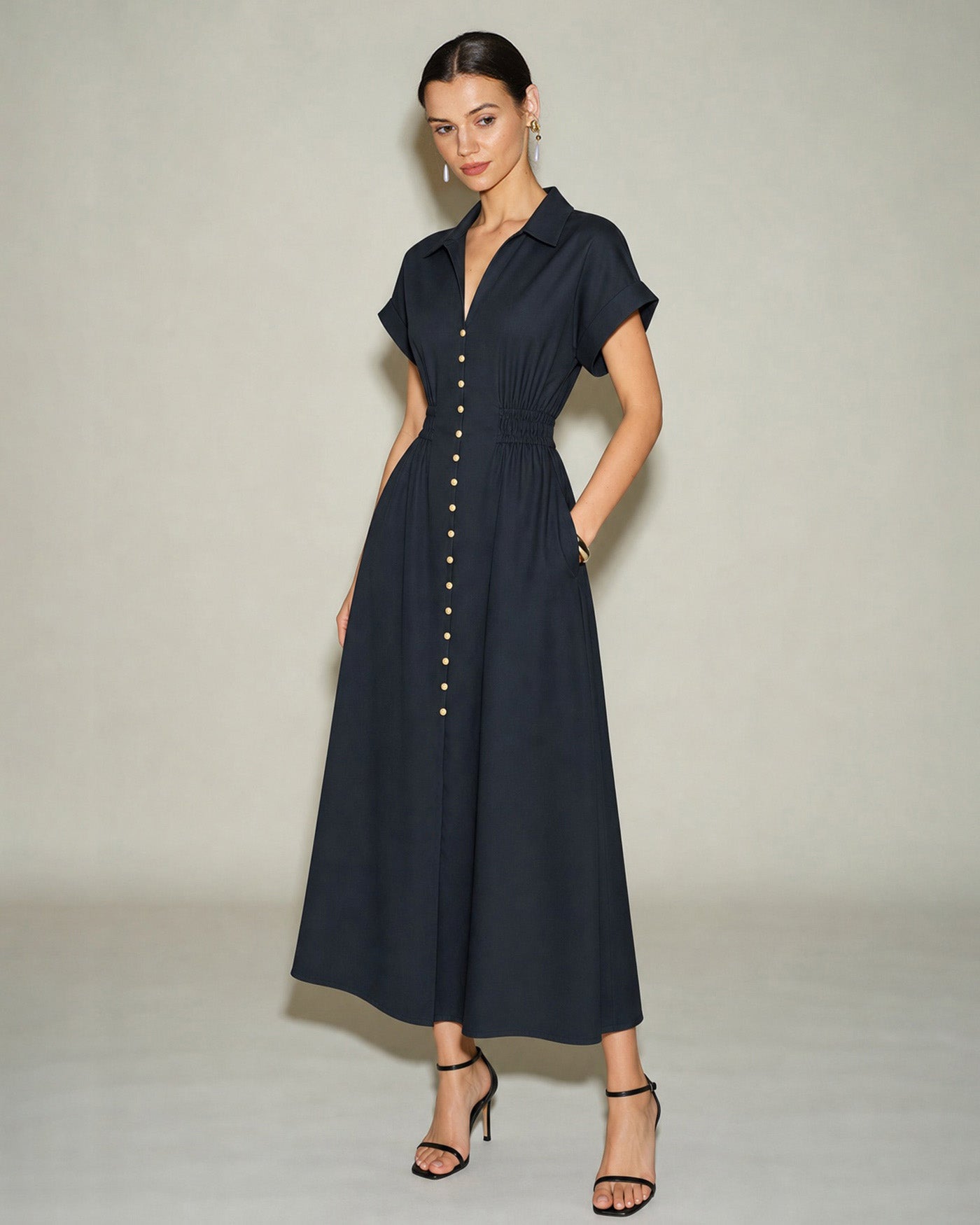 Black V Neck Drop Shoulder Midi Dress