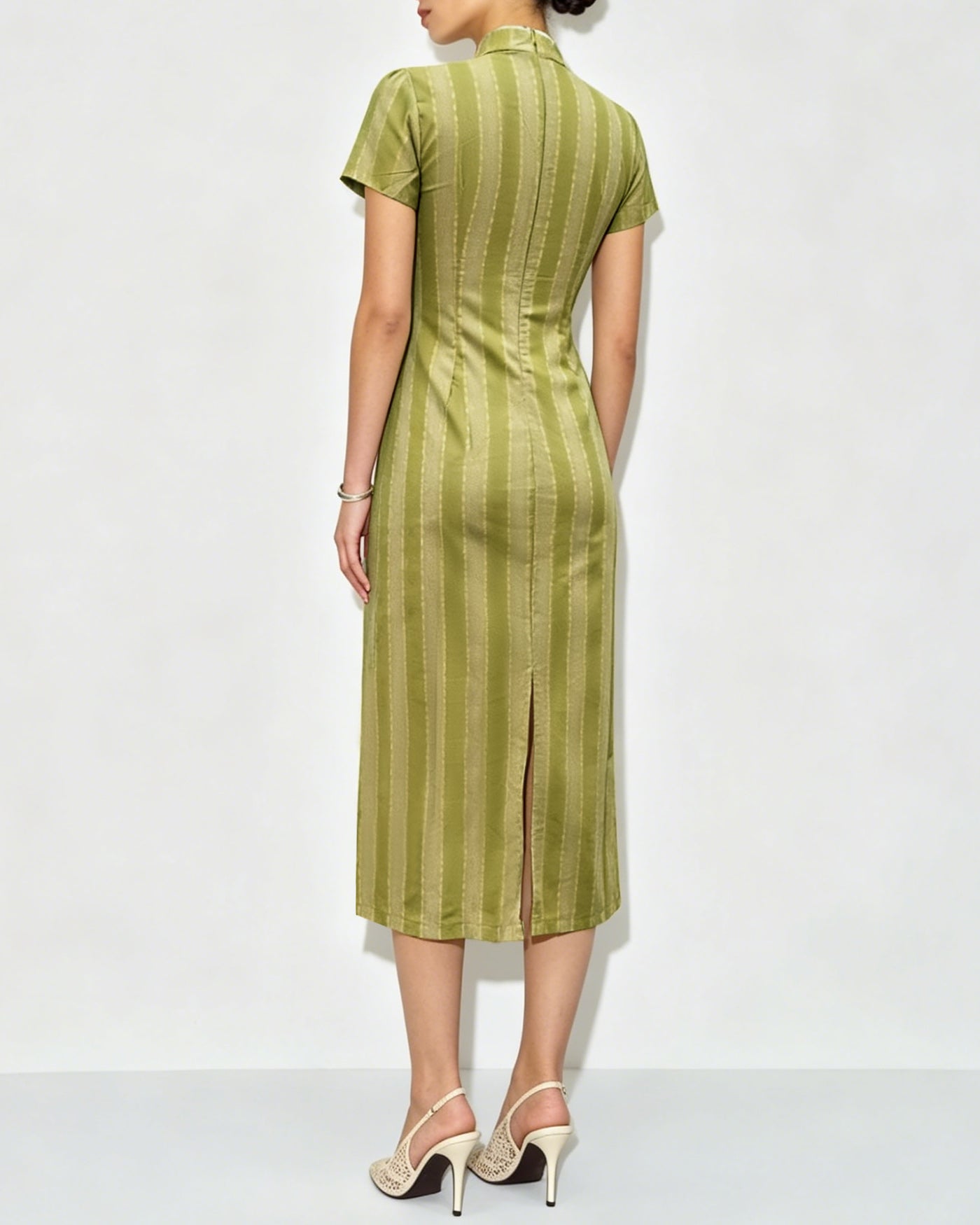 Green Mandarin Collar Tunic Midi Dress