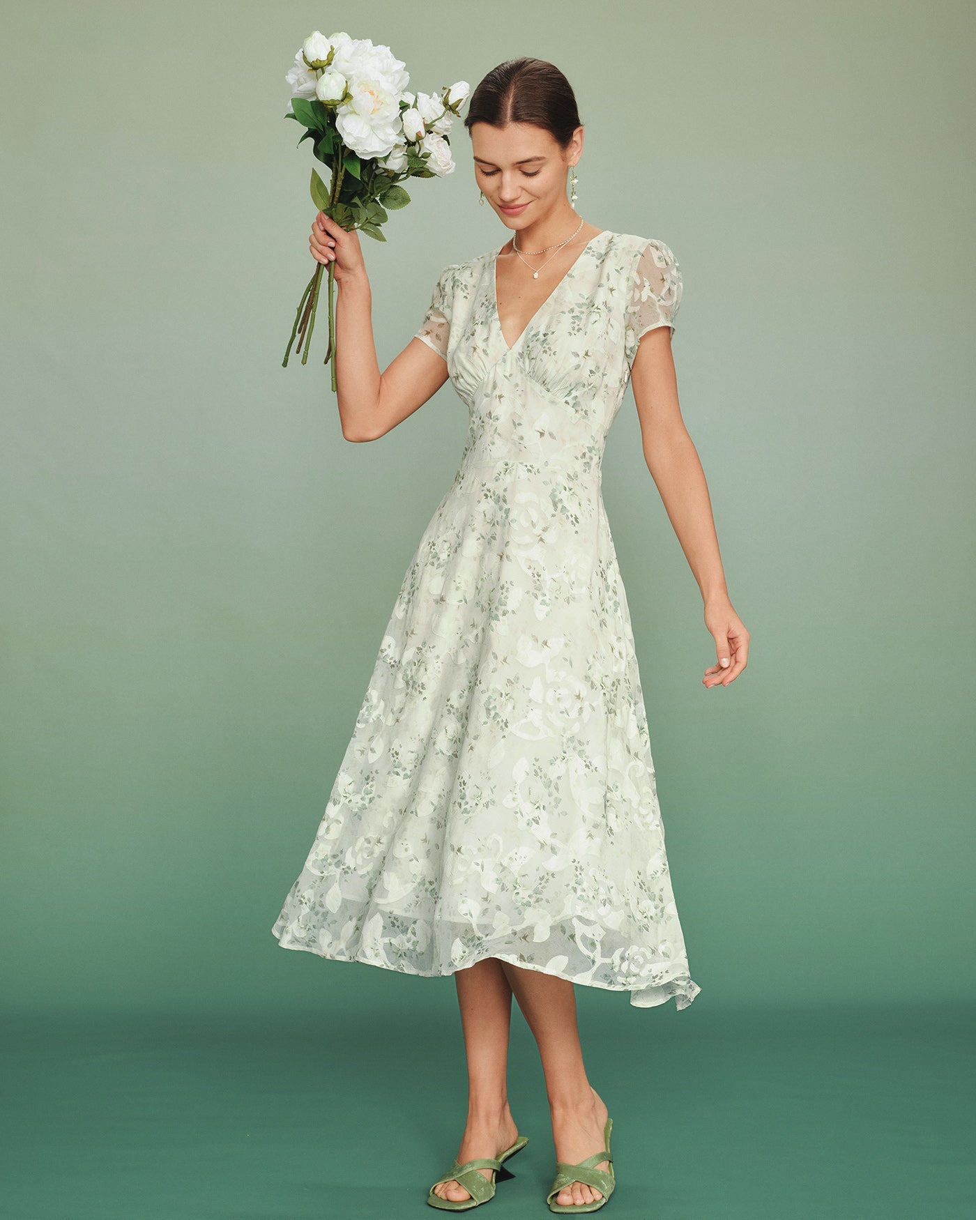 Green Puffed Sleeve Floral Tunic Midi Dress