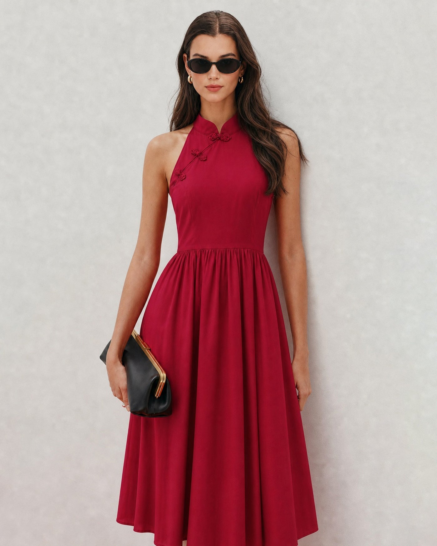 Red Mandarin Collar Pockets Midi Dress