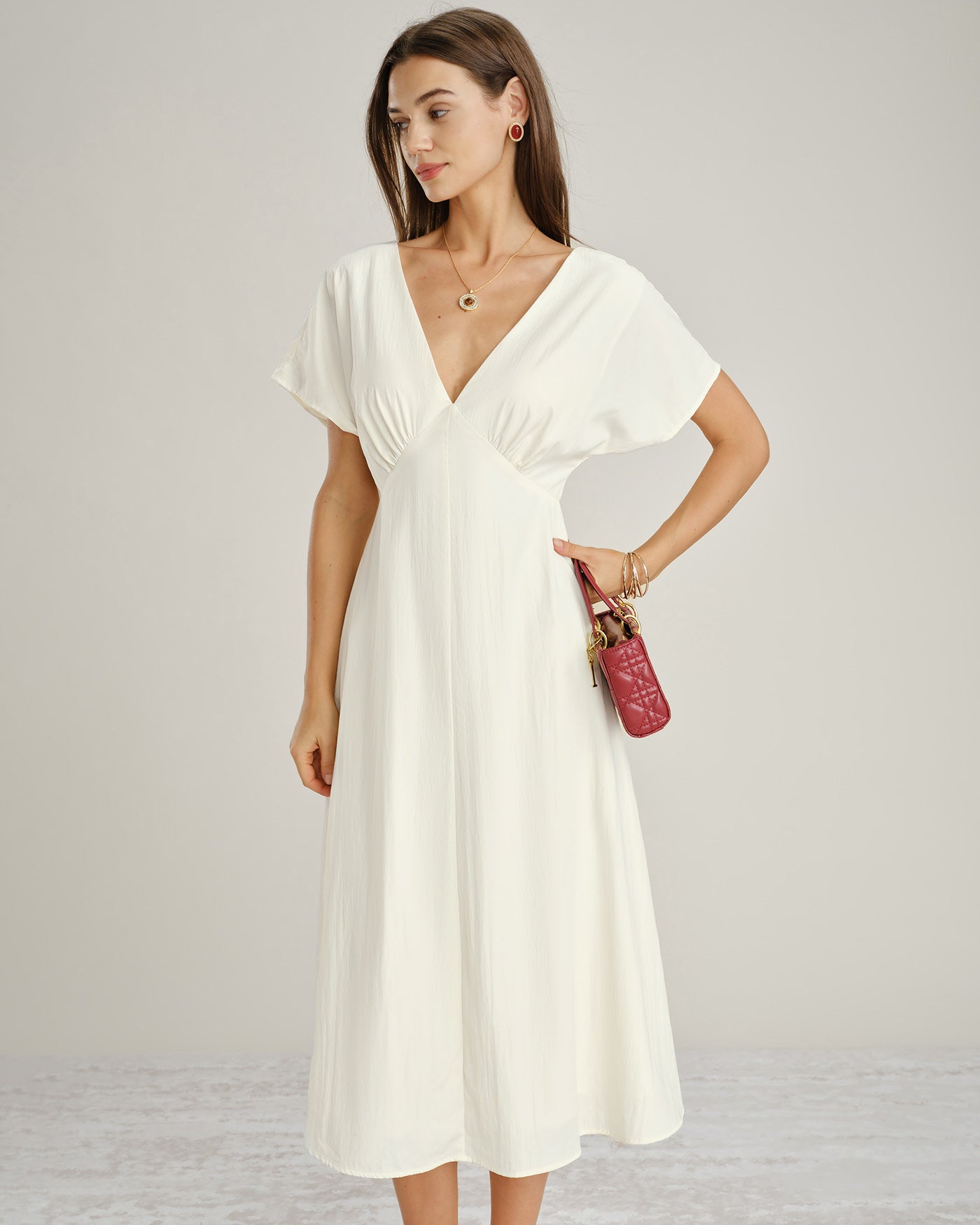 Apricot V Neck Cowl Sleeve Midi Dress