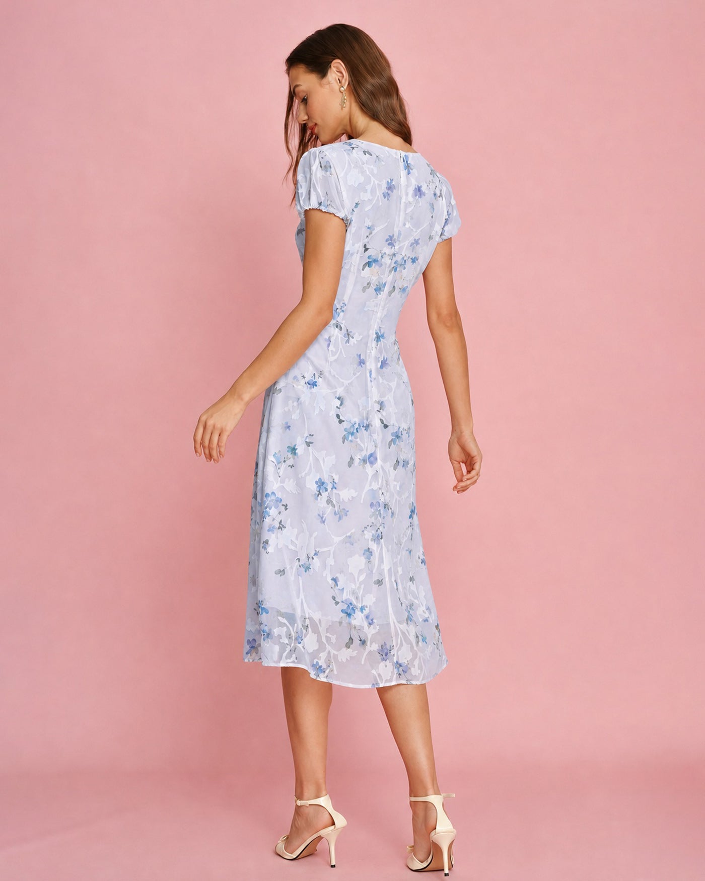 Purple Puffed Sleeve Jacquard Midi Dress