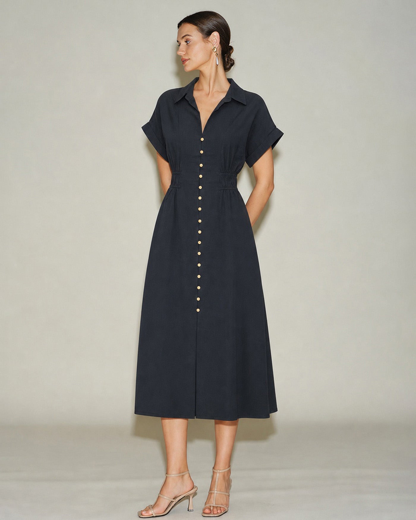 Black V Neck Drop Shoulder Midi Dress