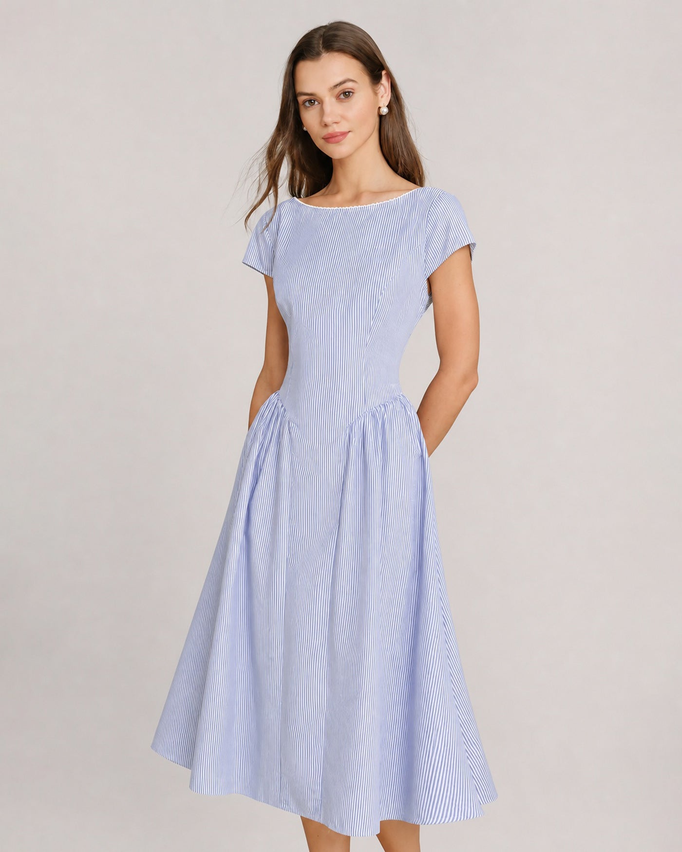 Blue Boat Neck Shirred Midi Dress
