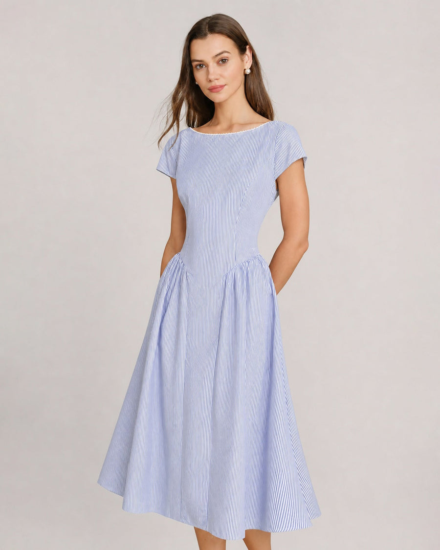 Blue Boat Neck Shirred Midi Dress