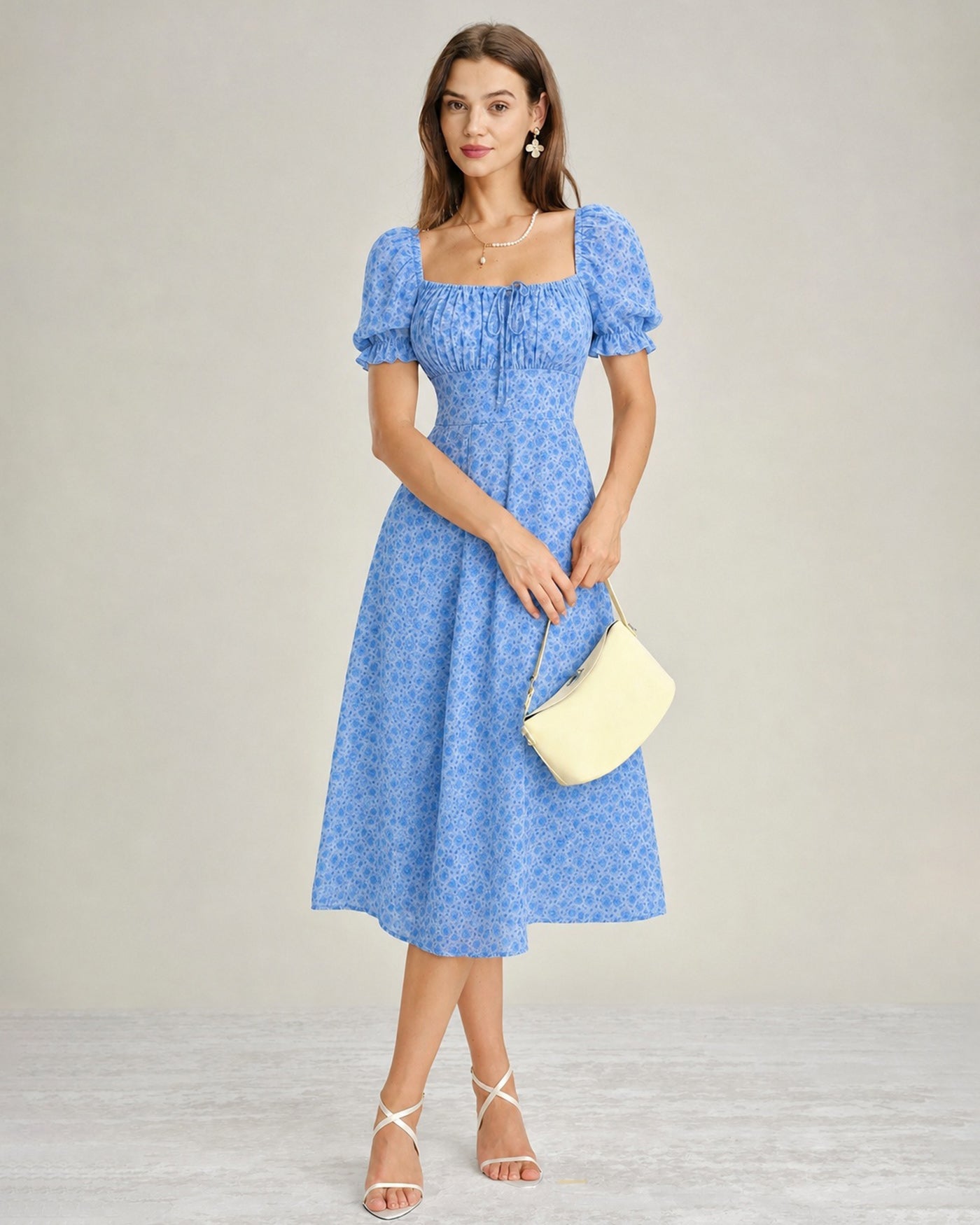 Blue Square Neck Floral Chiffon Midi Dress