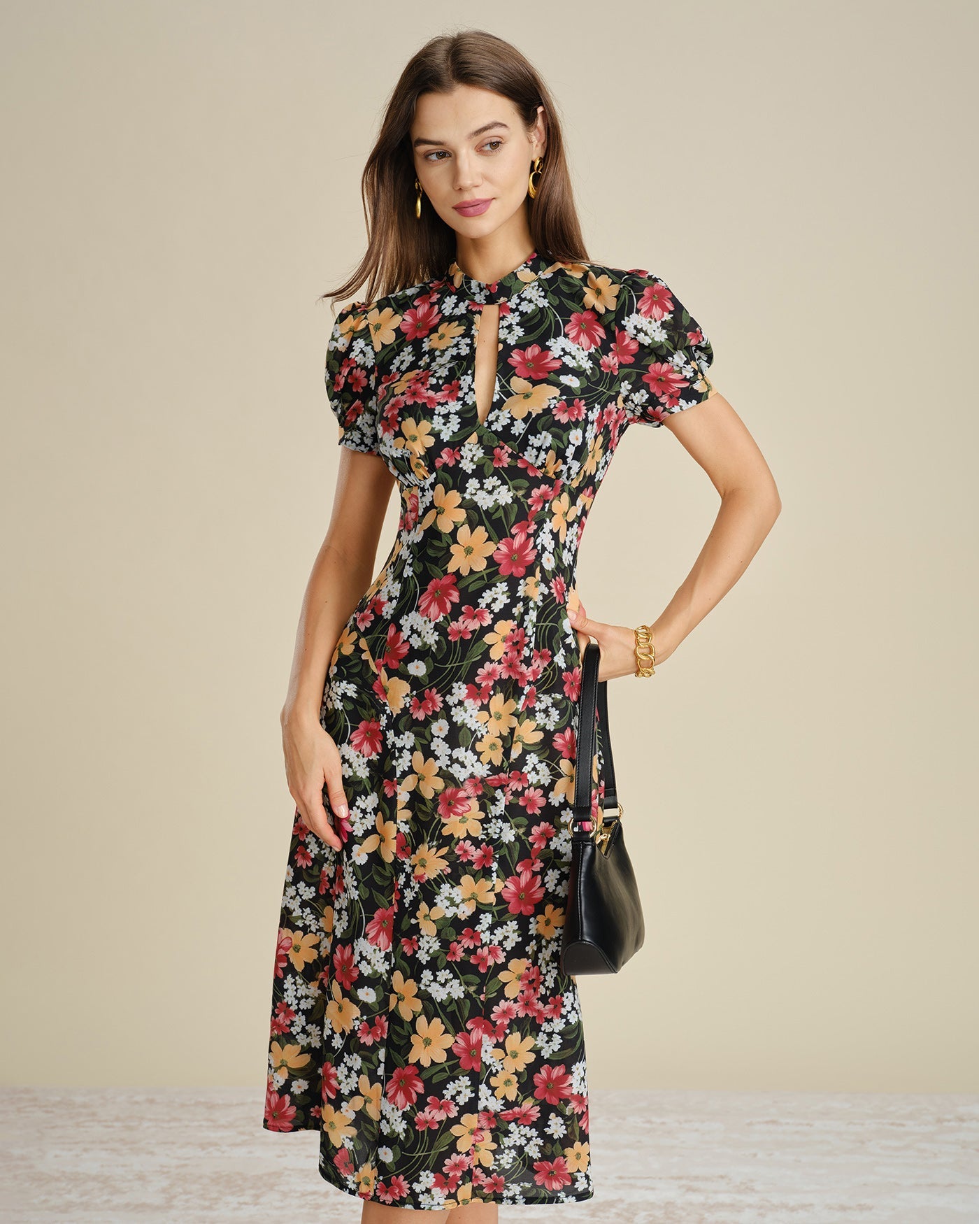 Black Turtle Puffed Sleeve Floral Midi Dress