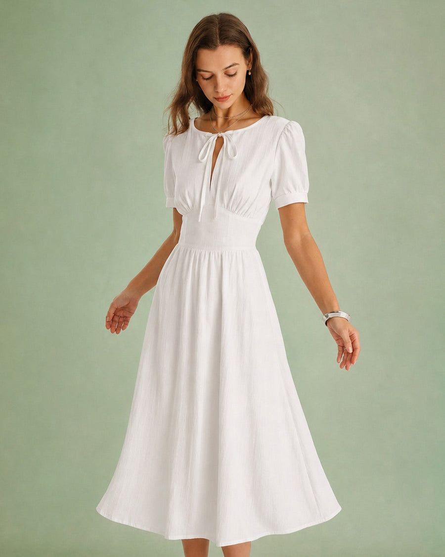 White Puffed Sleeve A-Line Midi Dress