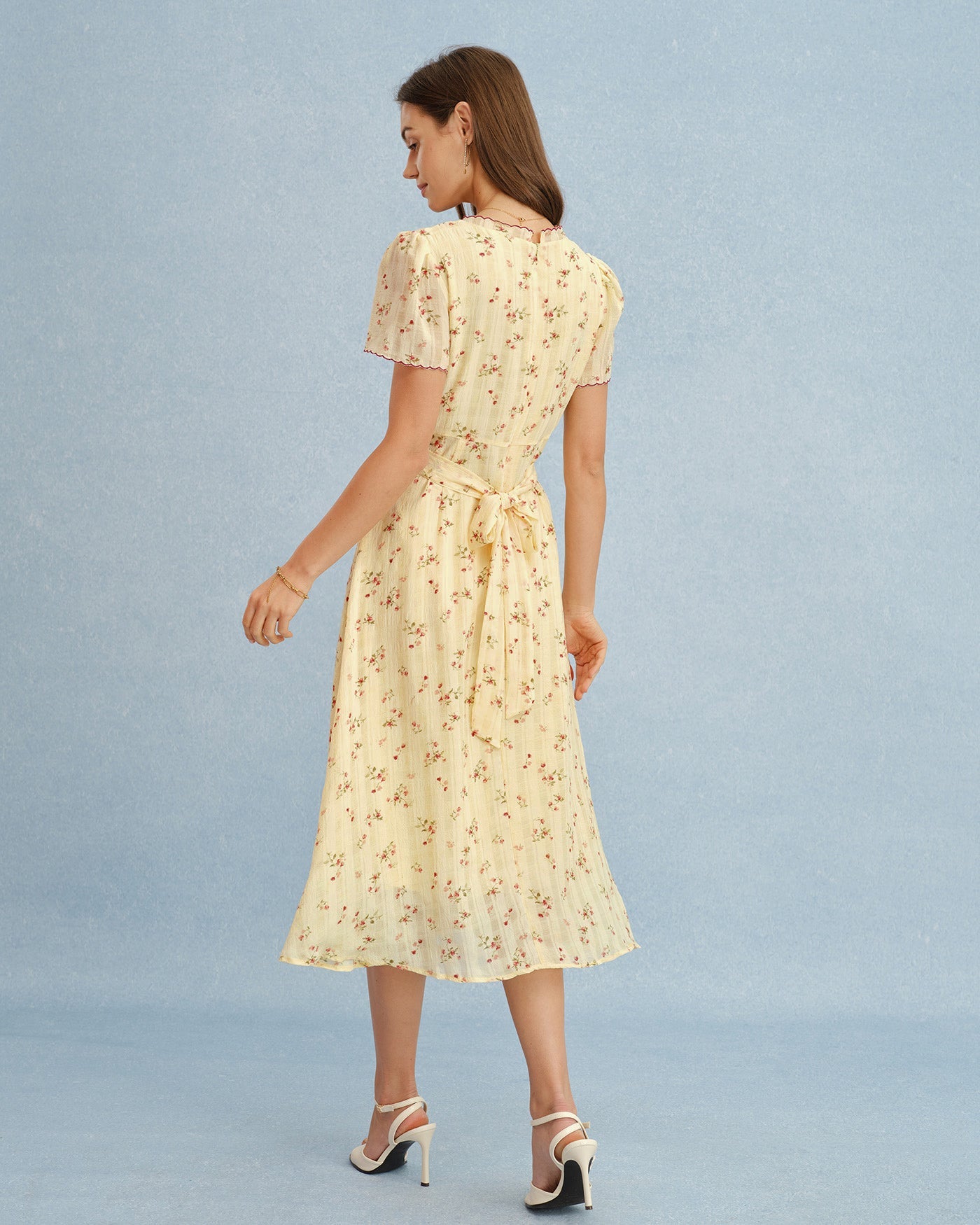 Yellow V Neck Floral Tunic Midi Dress