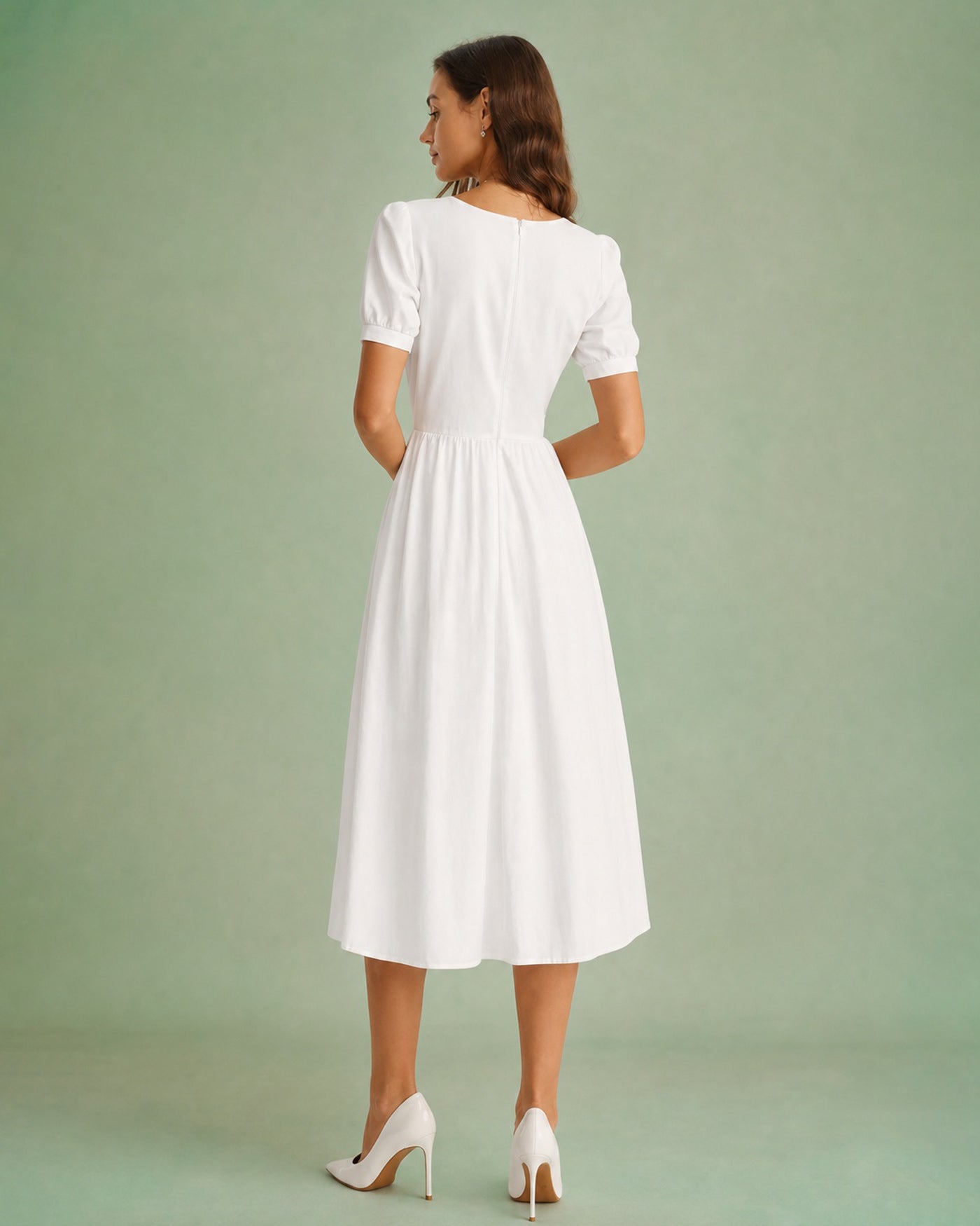White Puffed Sleeve A-Line Midi Dress