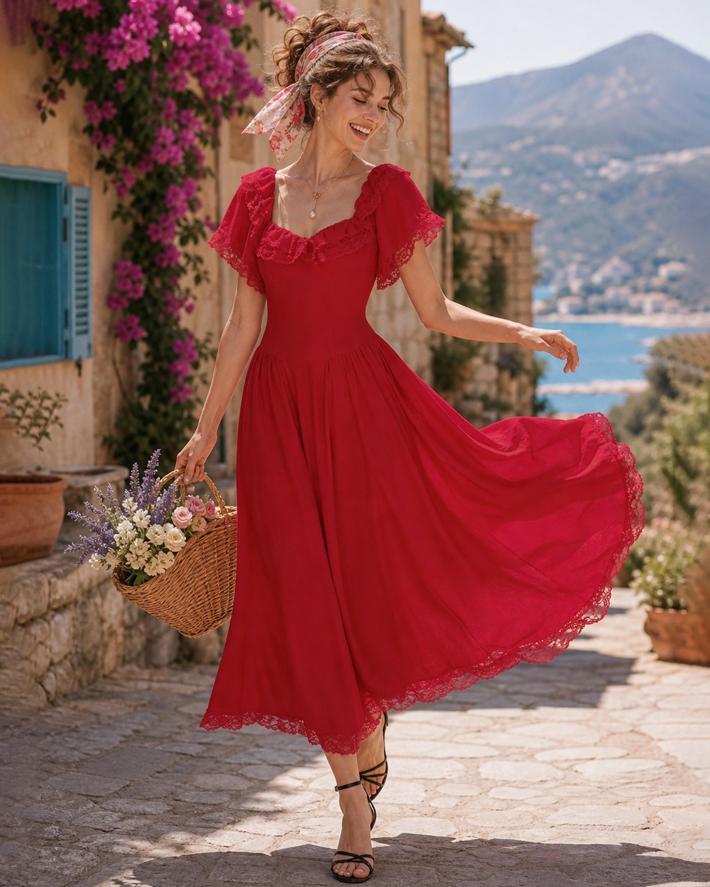 Red Sweetheart Neck Tie Lace Midi Dress