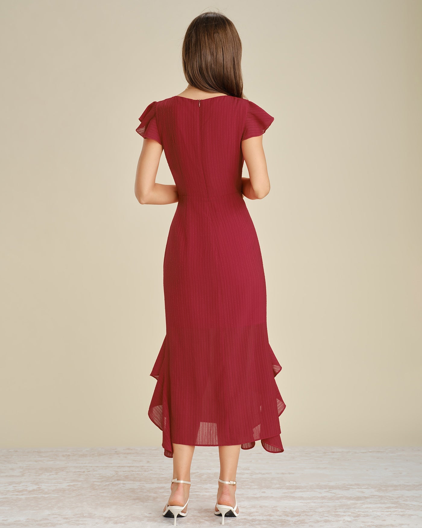 Red Solid Boat Neck Ruffle Midi Dress