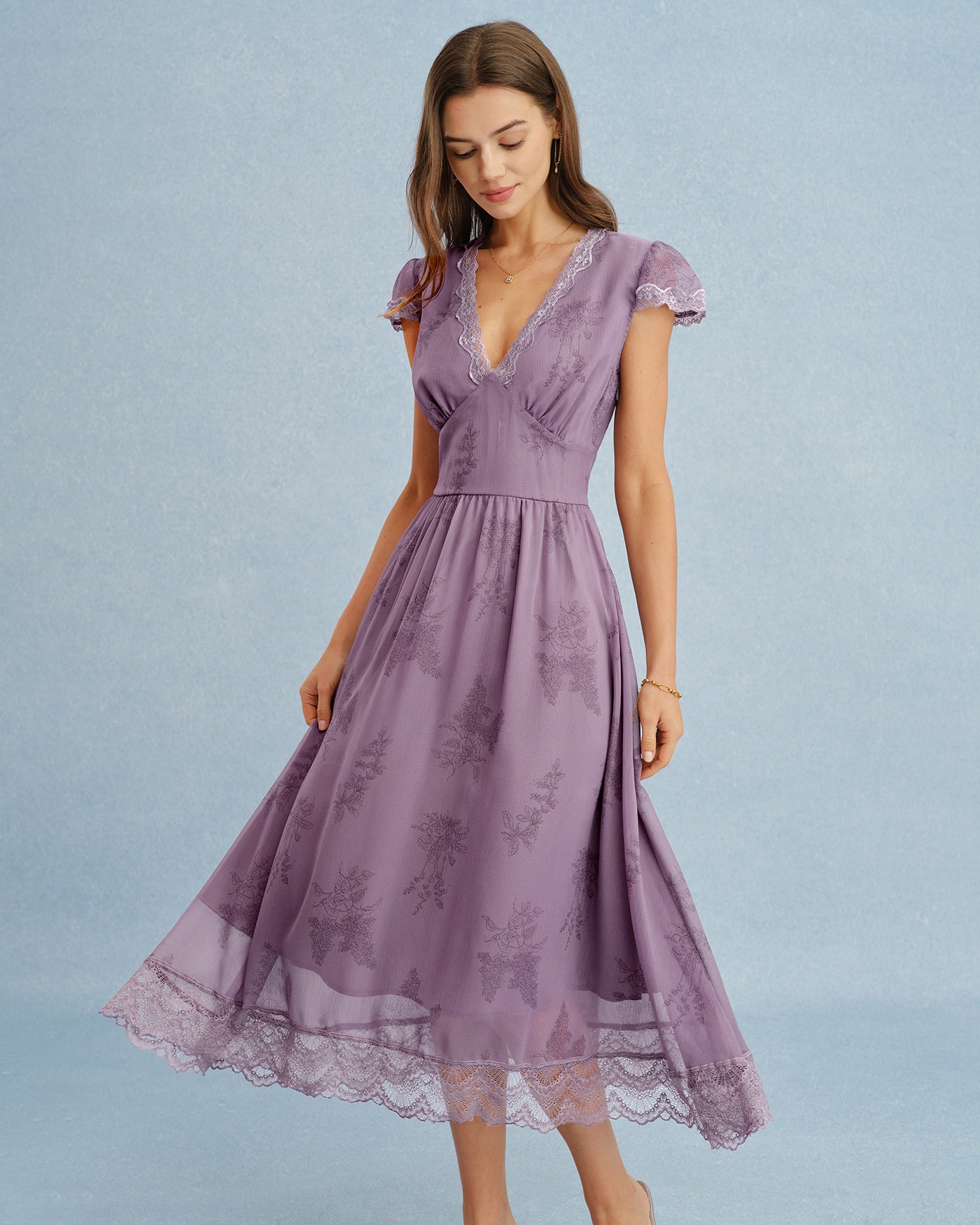 Purple V Neck Lace Splicing Midi Dress