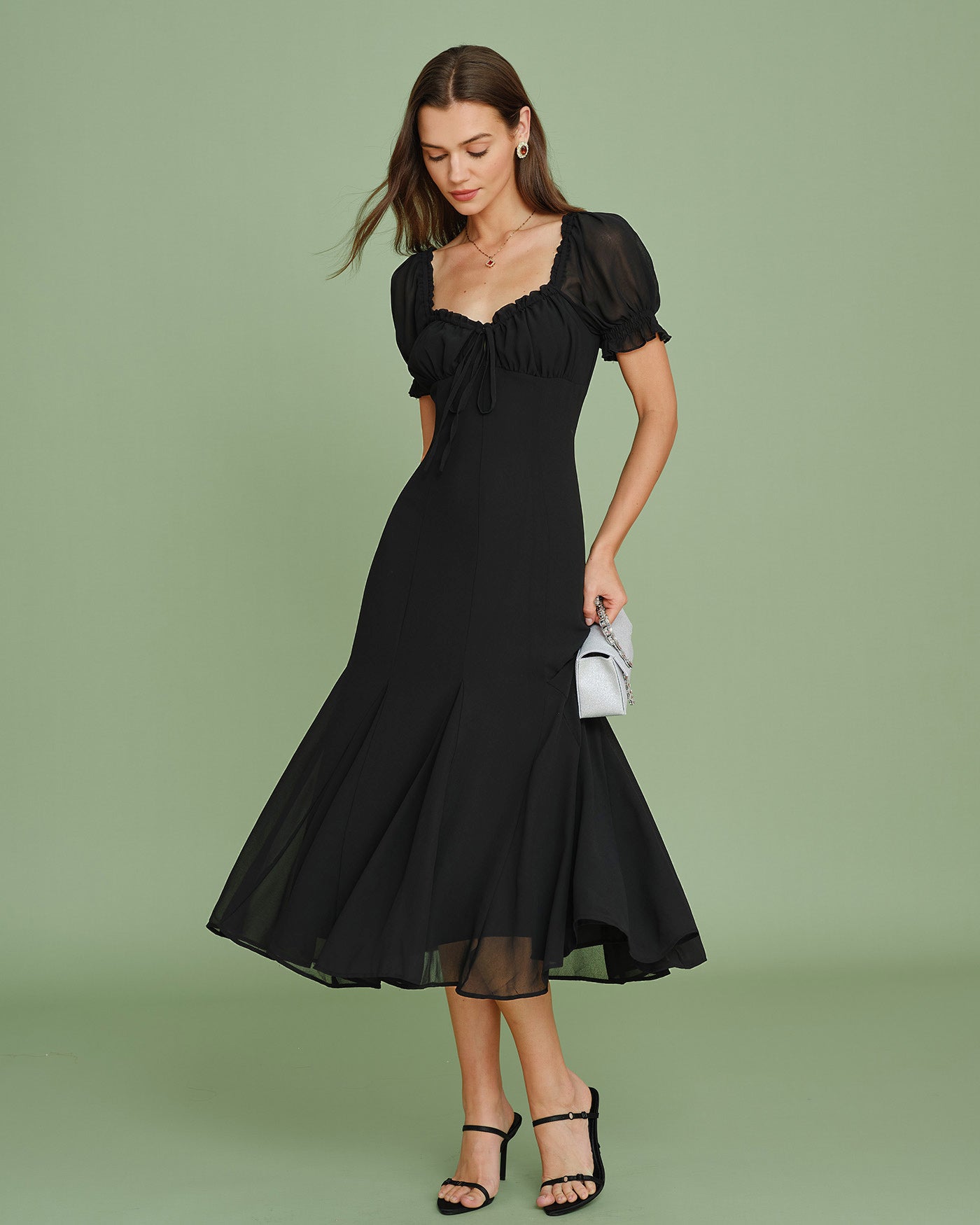 Black V Neck Puffed Sleeve Midi Dress