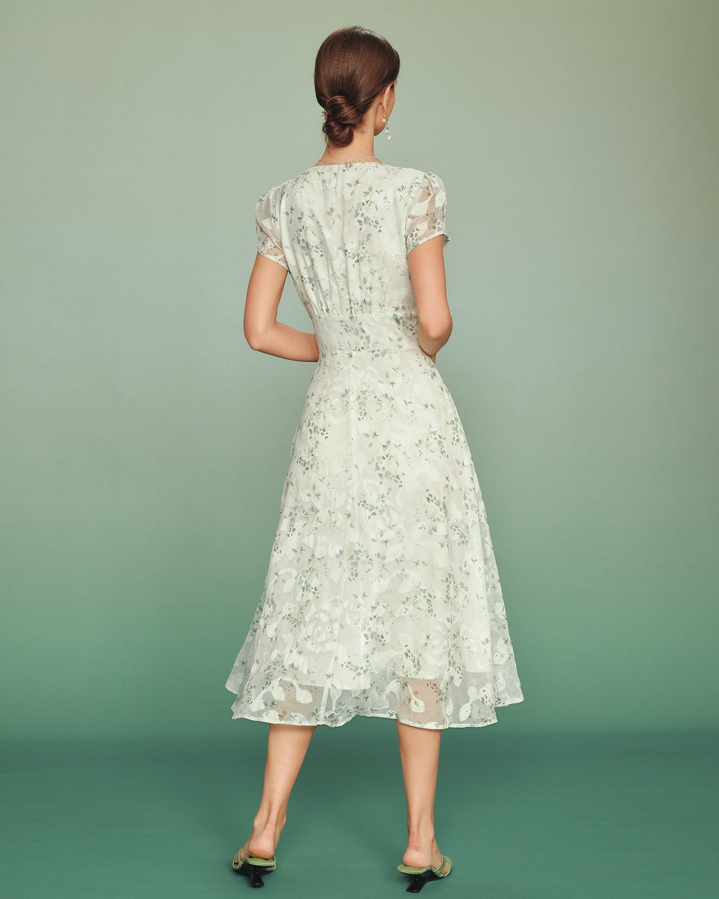 Green Puffed Sleeve Floral Tunic Midi Dress