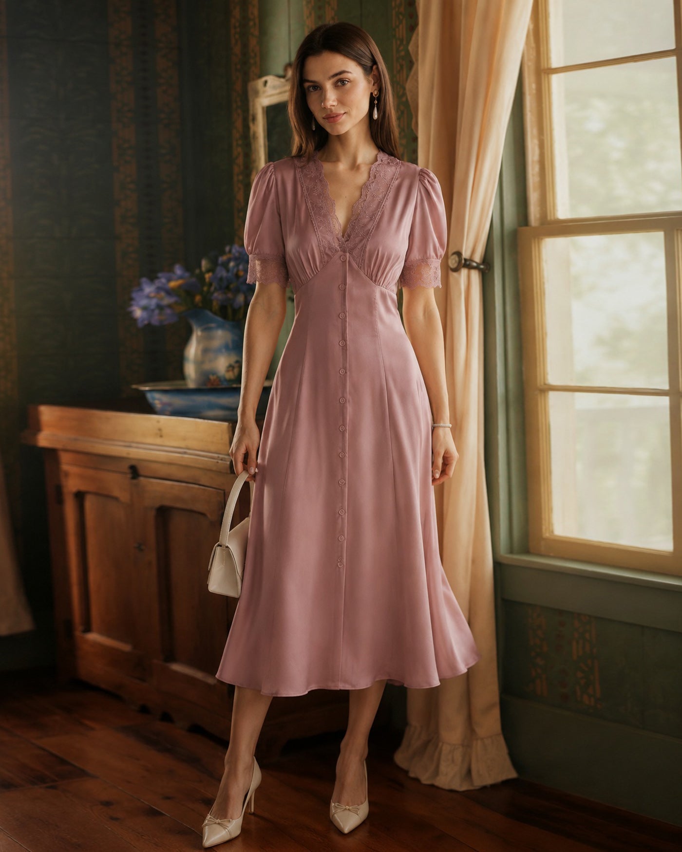 Pink Lace Splicing Satin Midi Dress