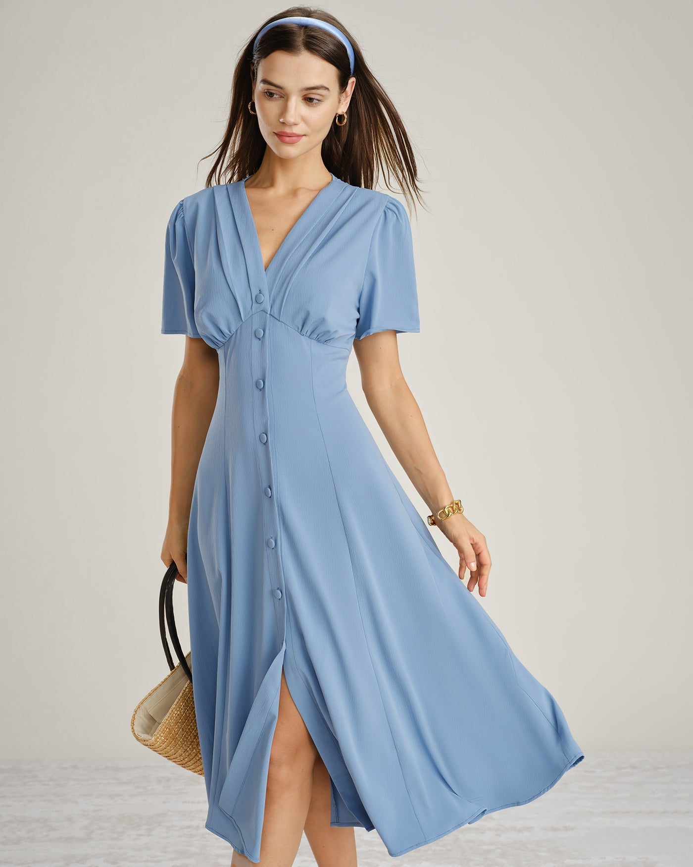 Blue V Neck Ruched Button Midi Dress