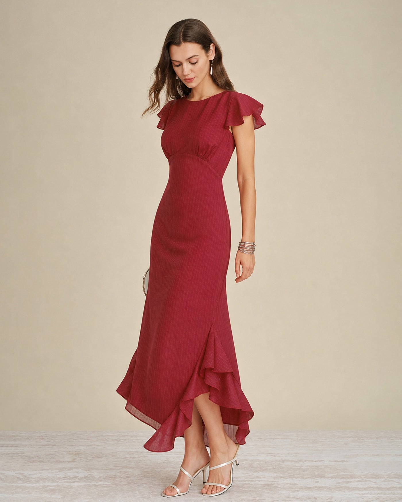 Red Solid Boat Neck Ruffle Midi Dress