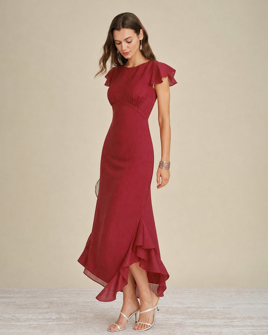 Red Solid Boat Neck Ruffle Midi Dress