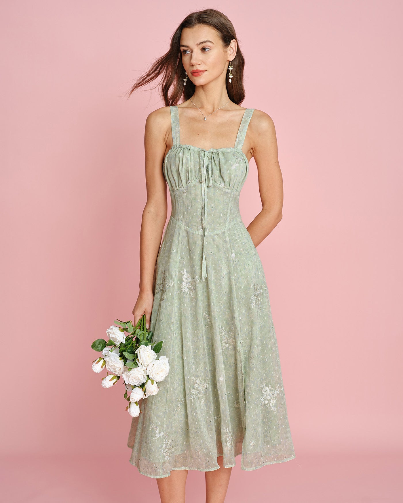 Green Jacquard Slip A-Line Midi Dress