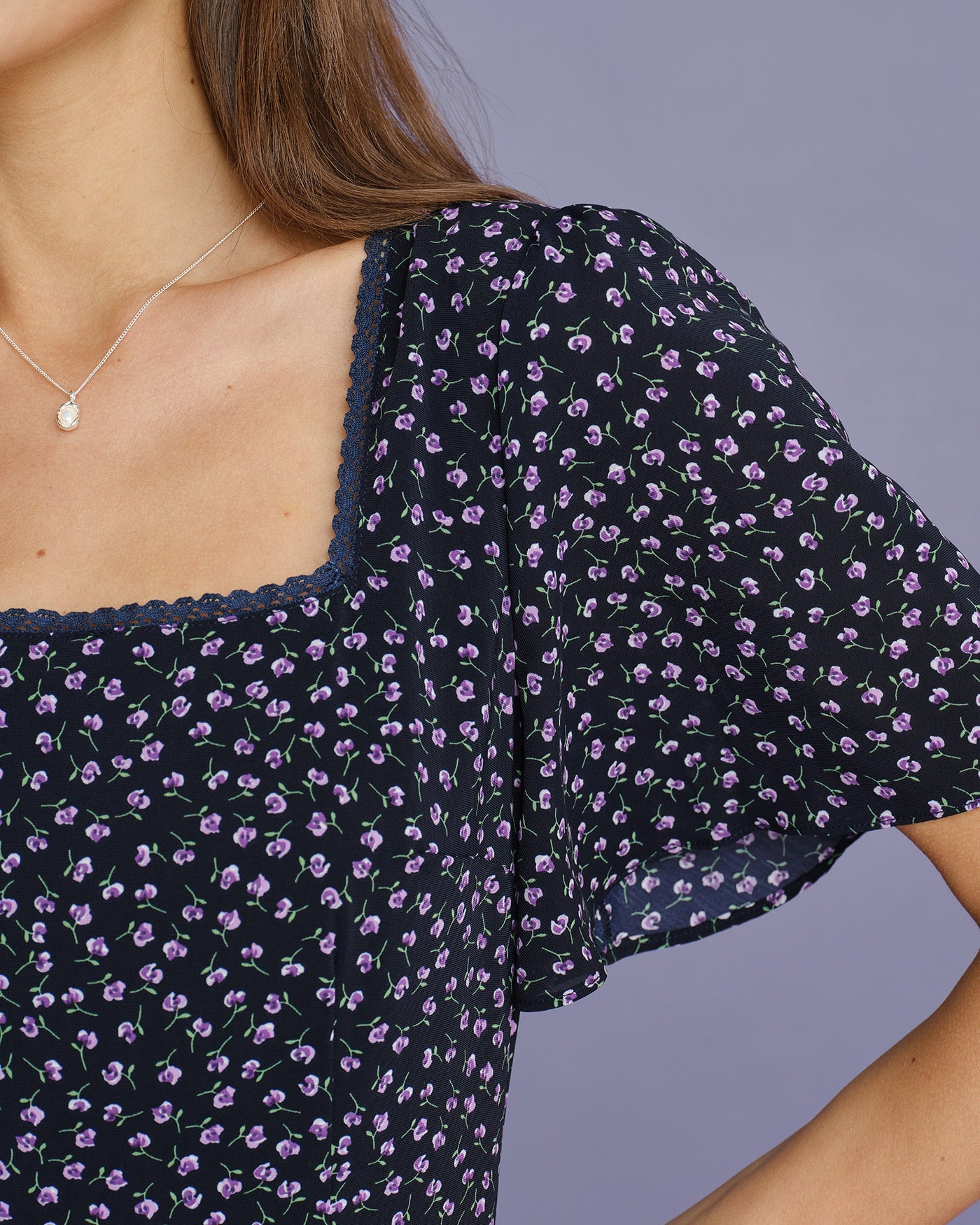 Purple Floral Butterfly Sleeve Midi Dress
