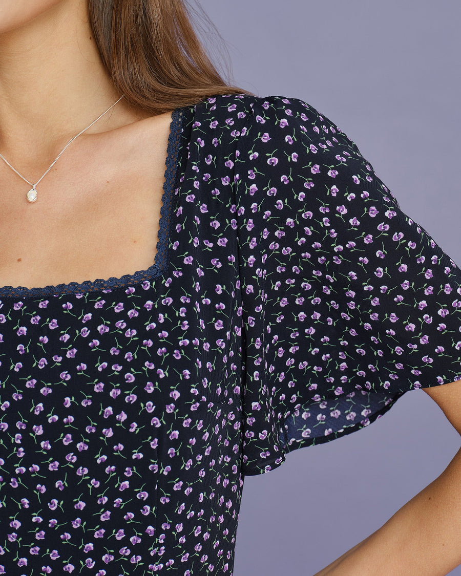 Purple Floral Butterfly Sleeve Midi Dress