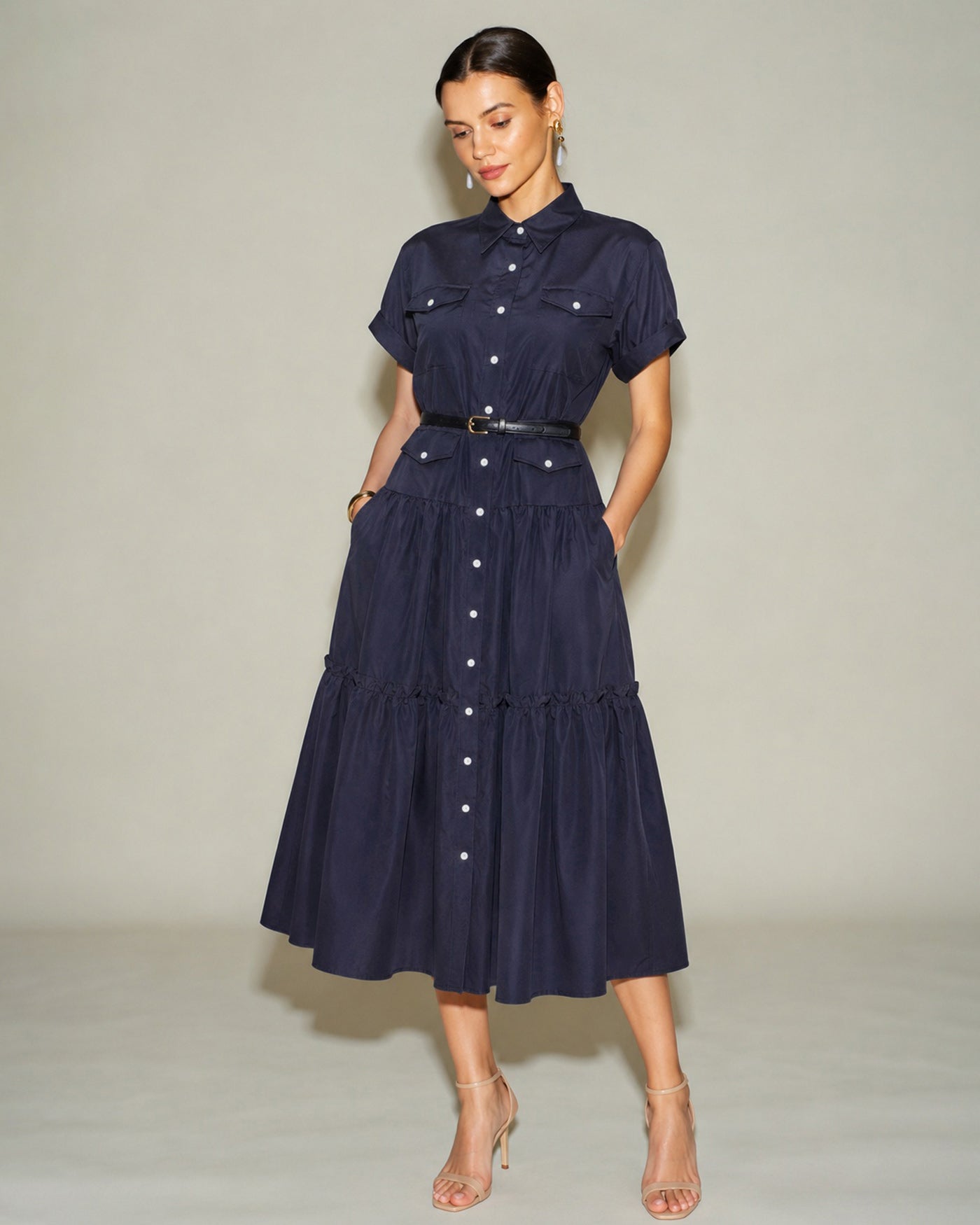 Blue Collar Pockets Button Tunic Midi Dress