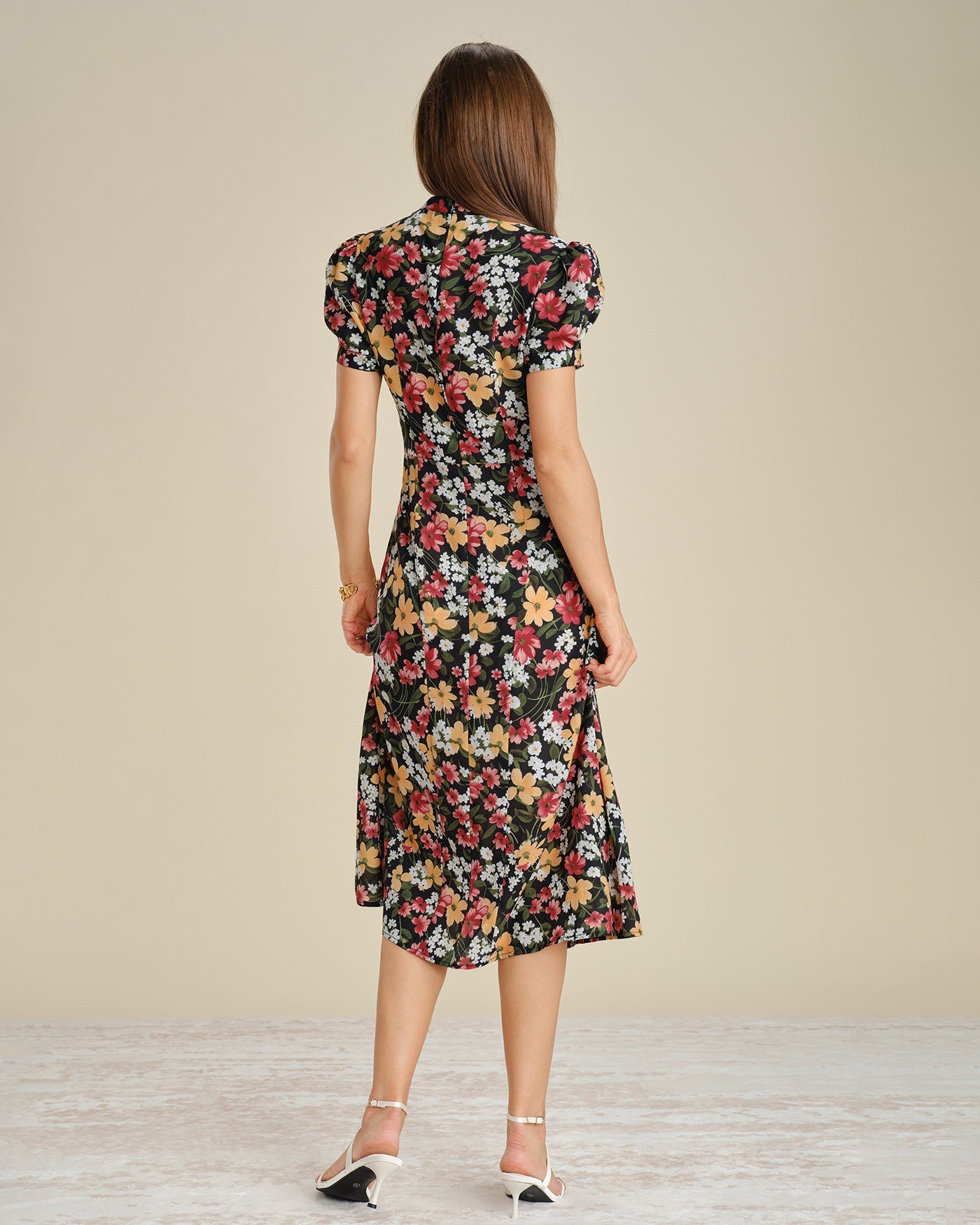 Black Turtle Puffed Sleeve Floral Midi Dress