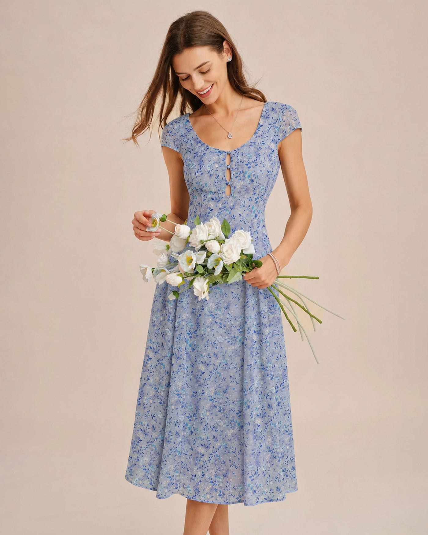 Blue U Neck Button Floral Midi Dress