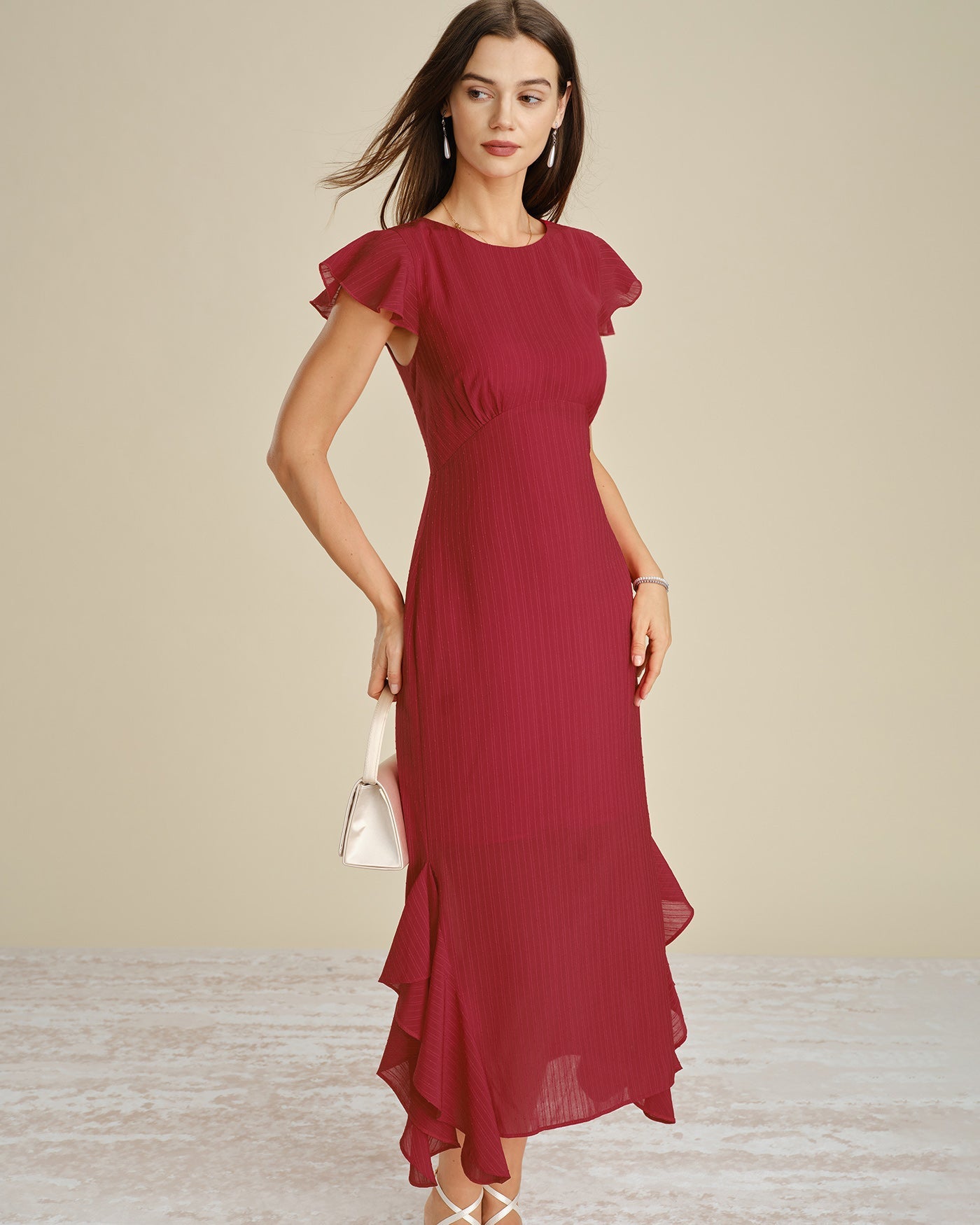 Red Solid Boat Neck Ruffle Midi Dress